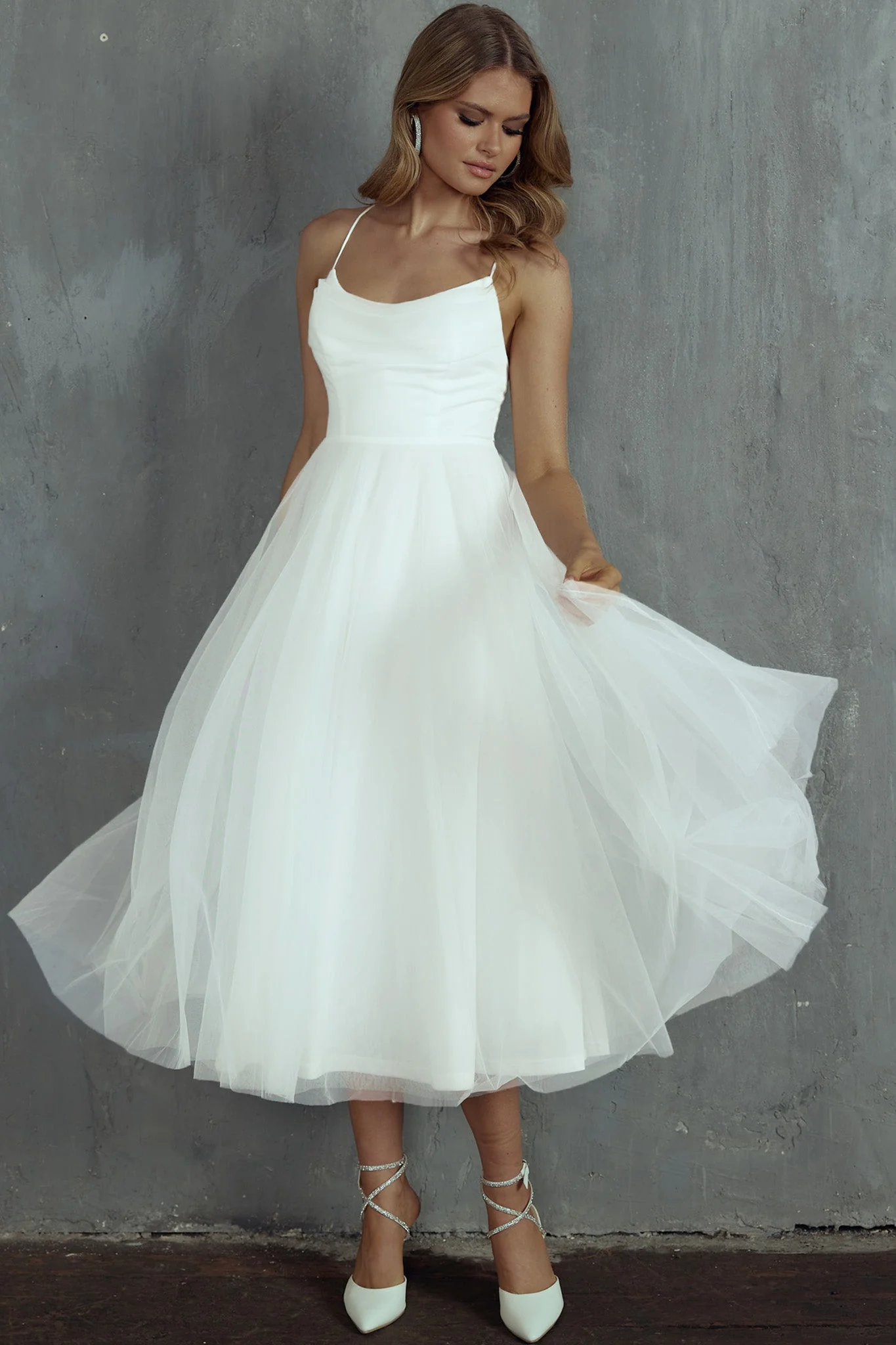 Floating By Pleated Neckline Mesh Midi Dress White - Image 3