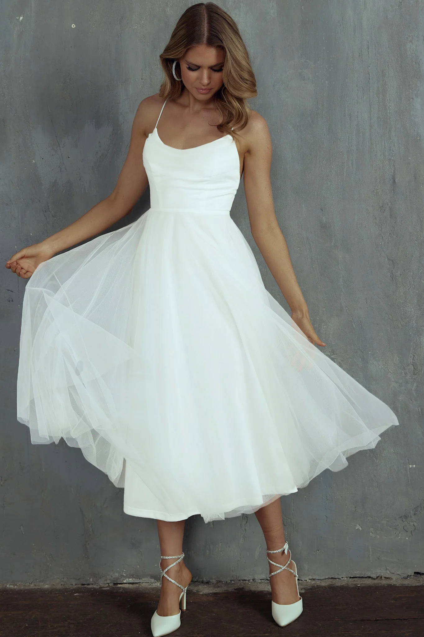 Floating By Pleated Neckline Mesh Midi Dress White - Image 7
