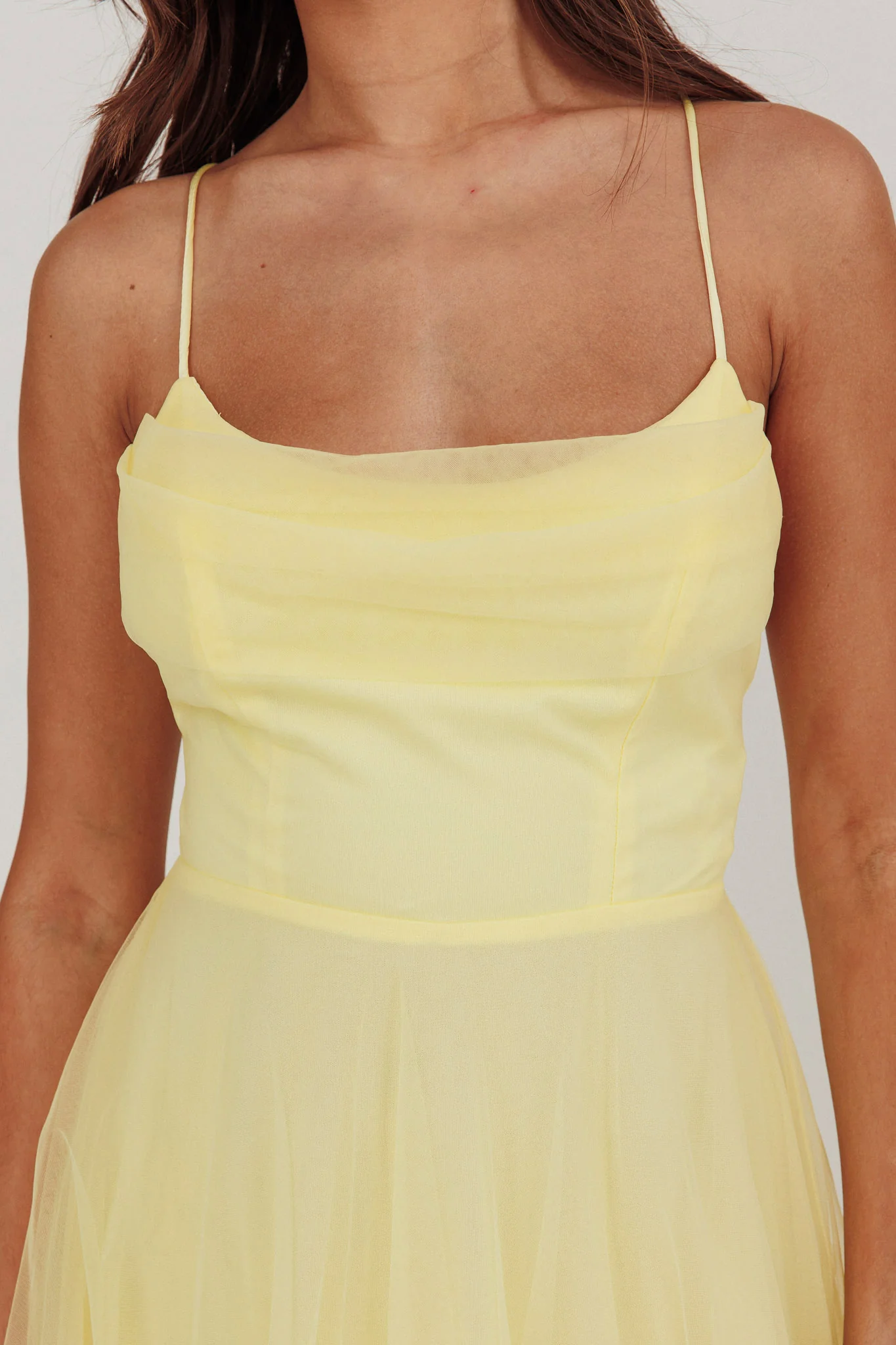 Floating By Pleated Neckline Mesh Midi Dress Yellow - Image 3