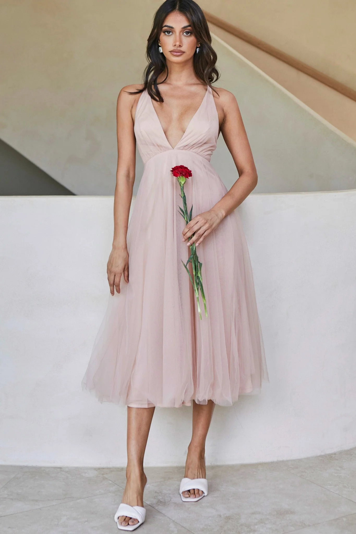 Floating By Plunging Neckline Mesh Overlay Midi Dress Apricot - Image 5