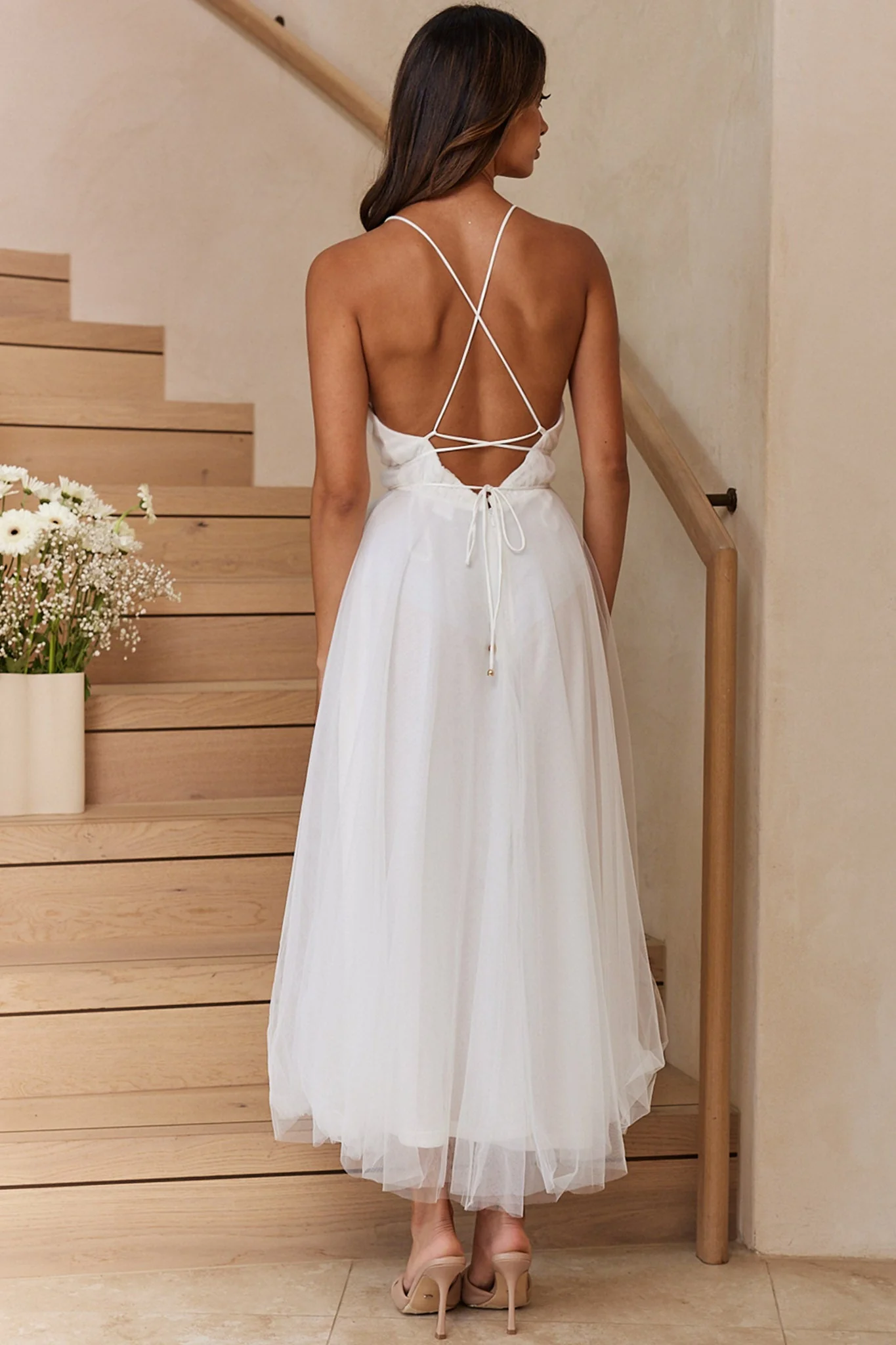 Floating By Plunging Neckline Mesh Overlay Midi Dress White - Image 8