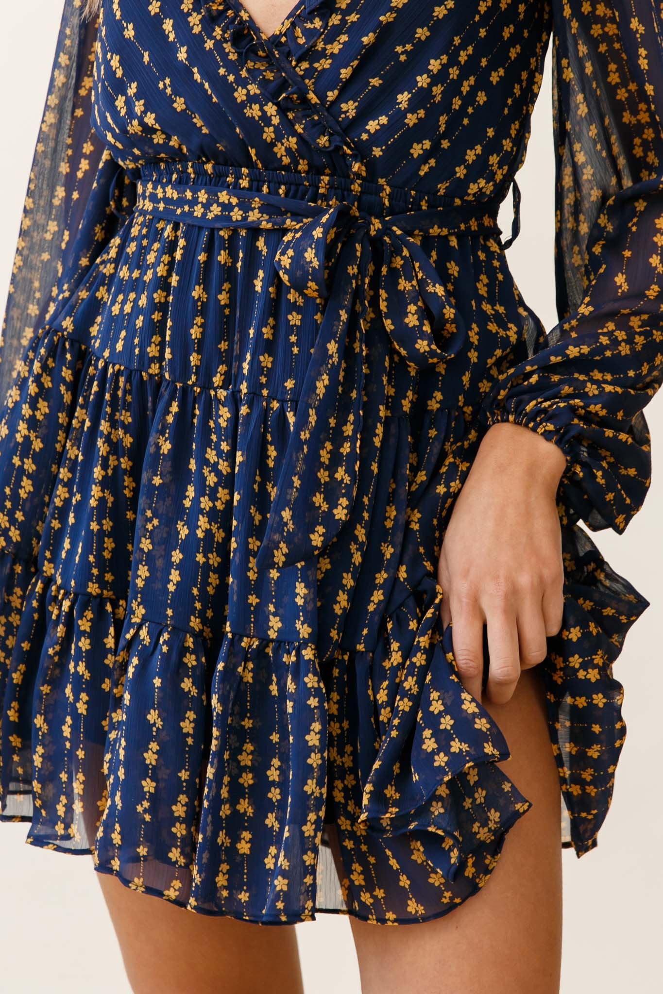 Floating On Clouds Long Sleeve Frill Trim Dress Floral Print Navy - Image 4