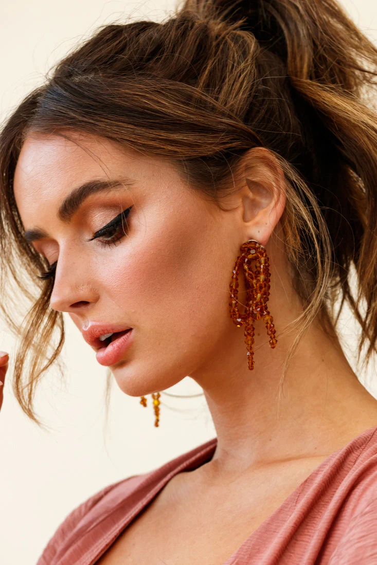 Flora Beaded Bow Earrings Tan - Image 2