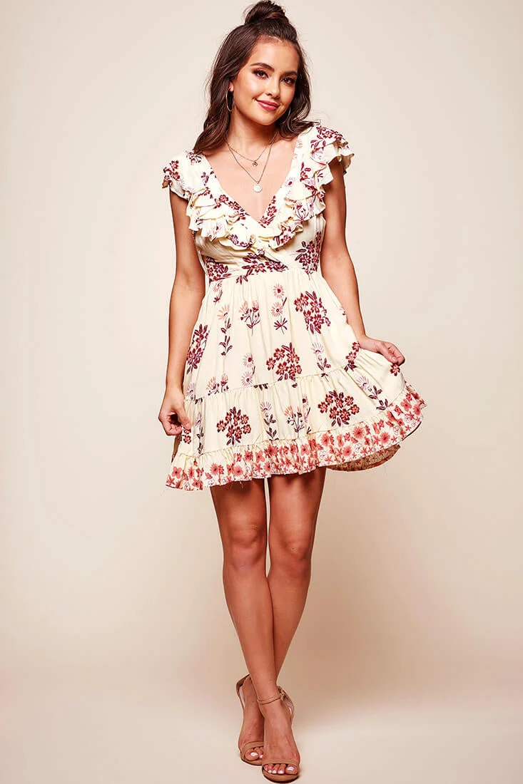 Flora Ruffle V-front Babydoll Dress Beige - Image 2