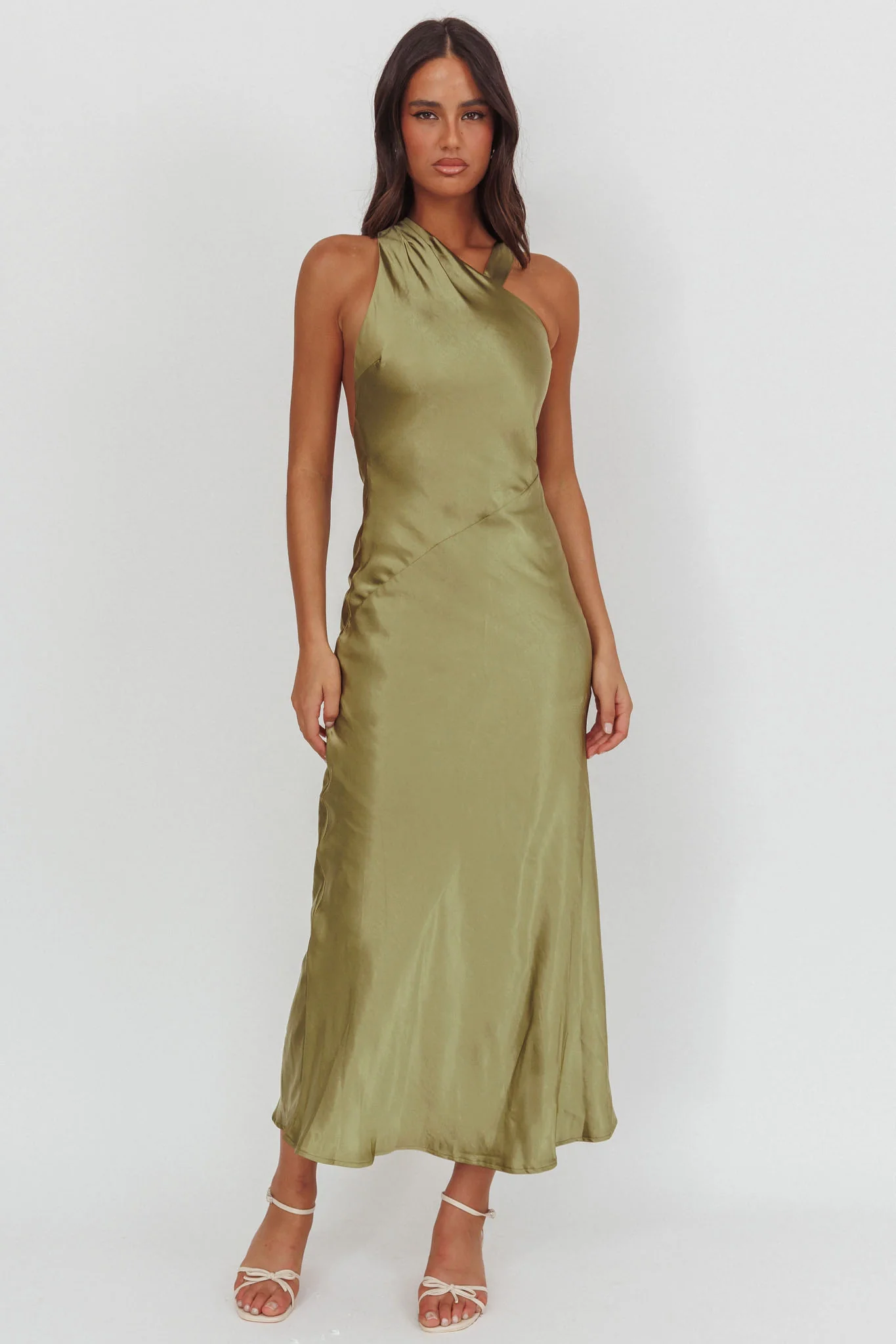 Florisse Asymmetric Neckline Maxi Dress Olive - Image 4