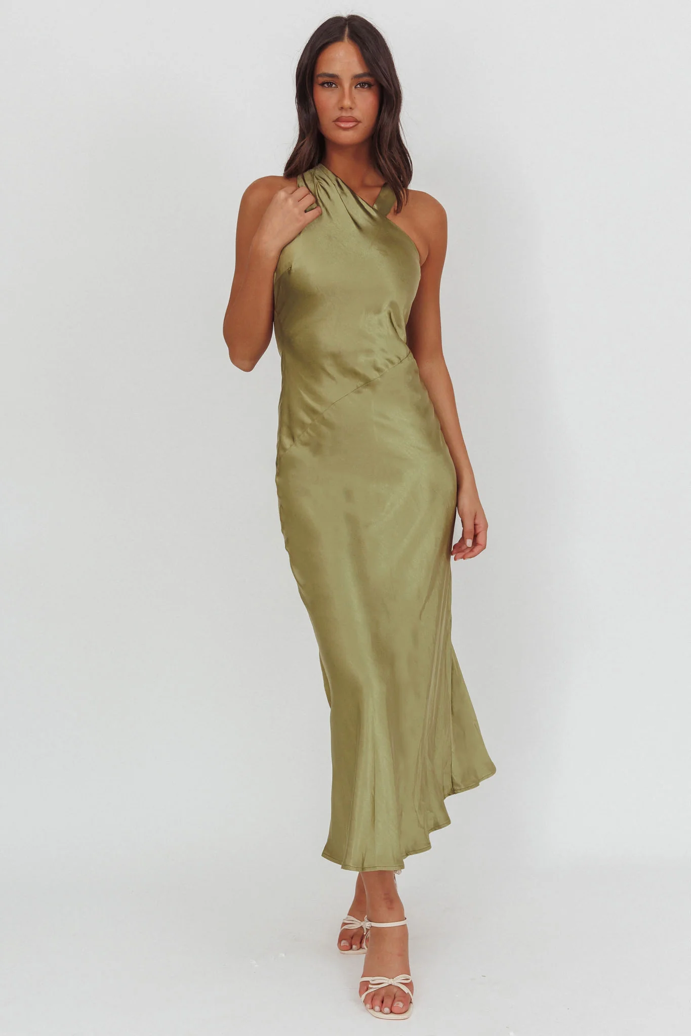 Florisse Asymmetric Neckline Maxi Dress Olive - Image 5