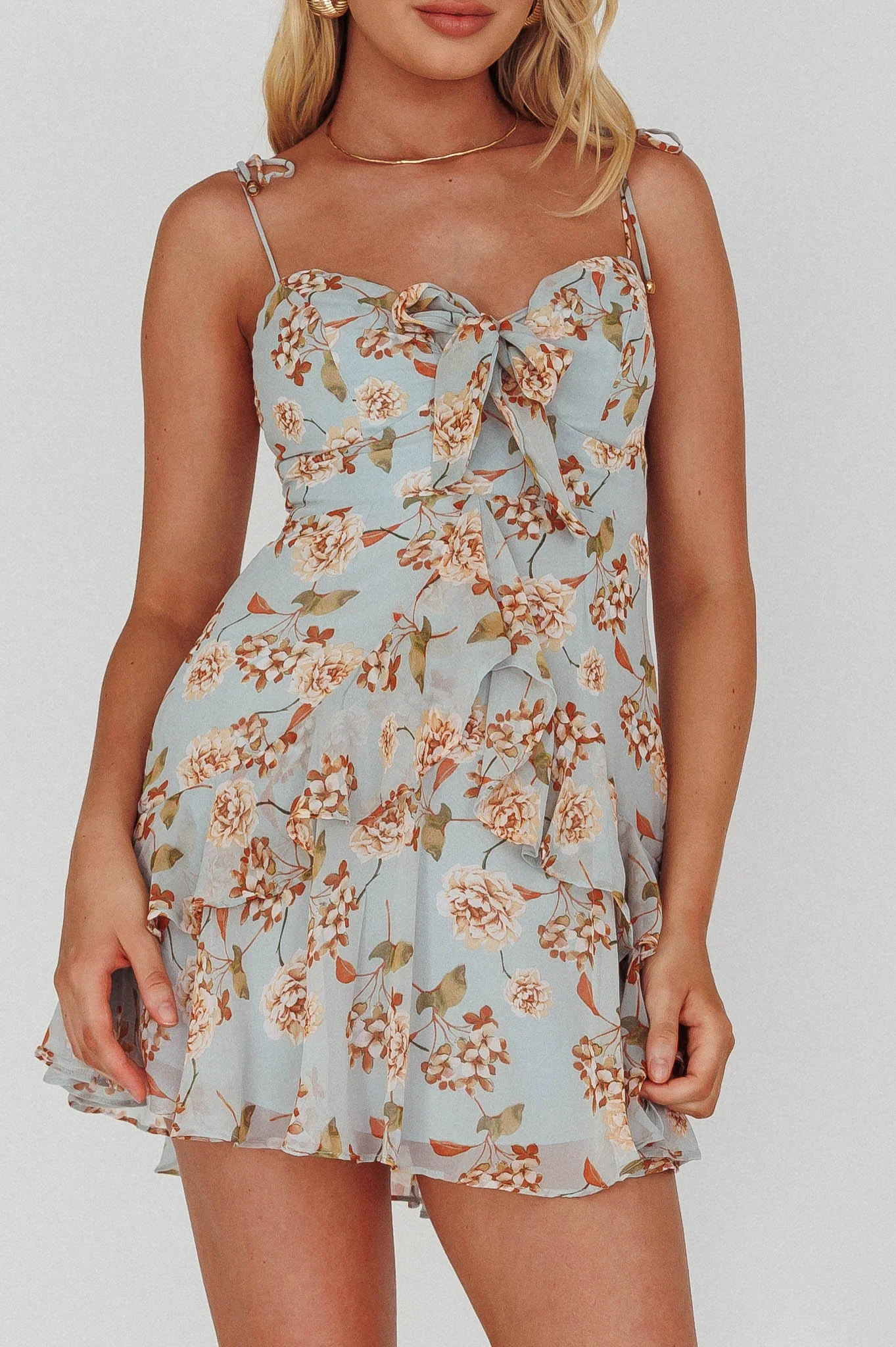 Flower Child Bust Tie Ruffle Trim Dress Roses Blue - Image 4