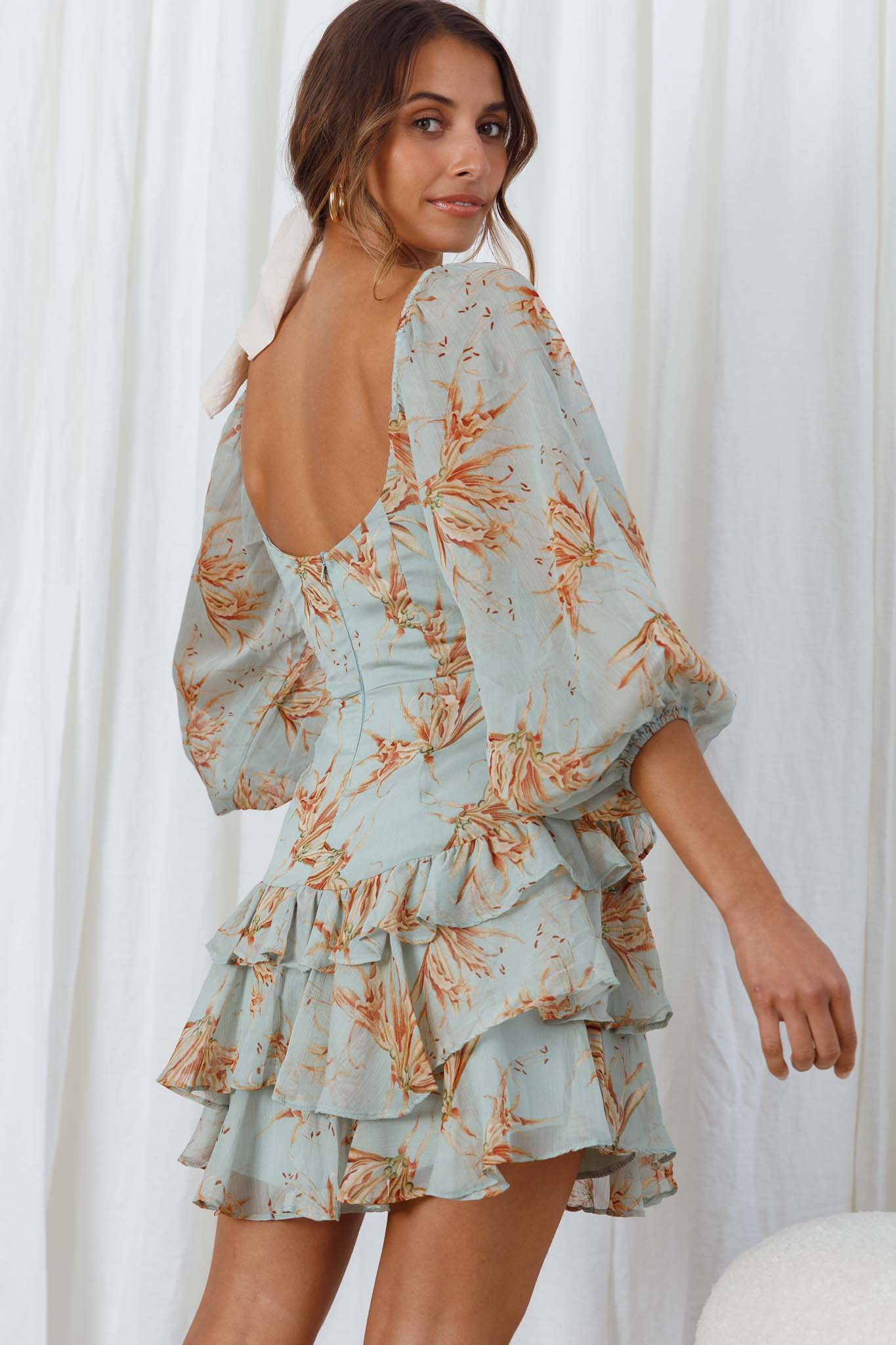 Flower Child Three Quarter Sleeve Bust Tie Ruffle Dress Lily Print Pistachio - Image 2