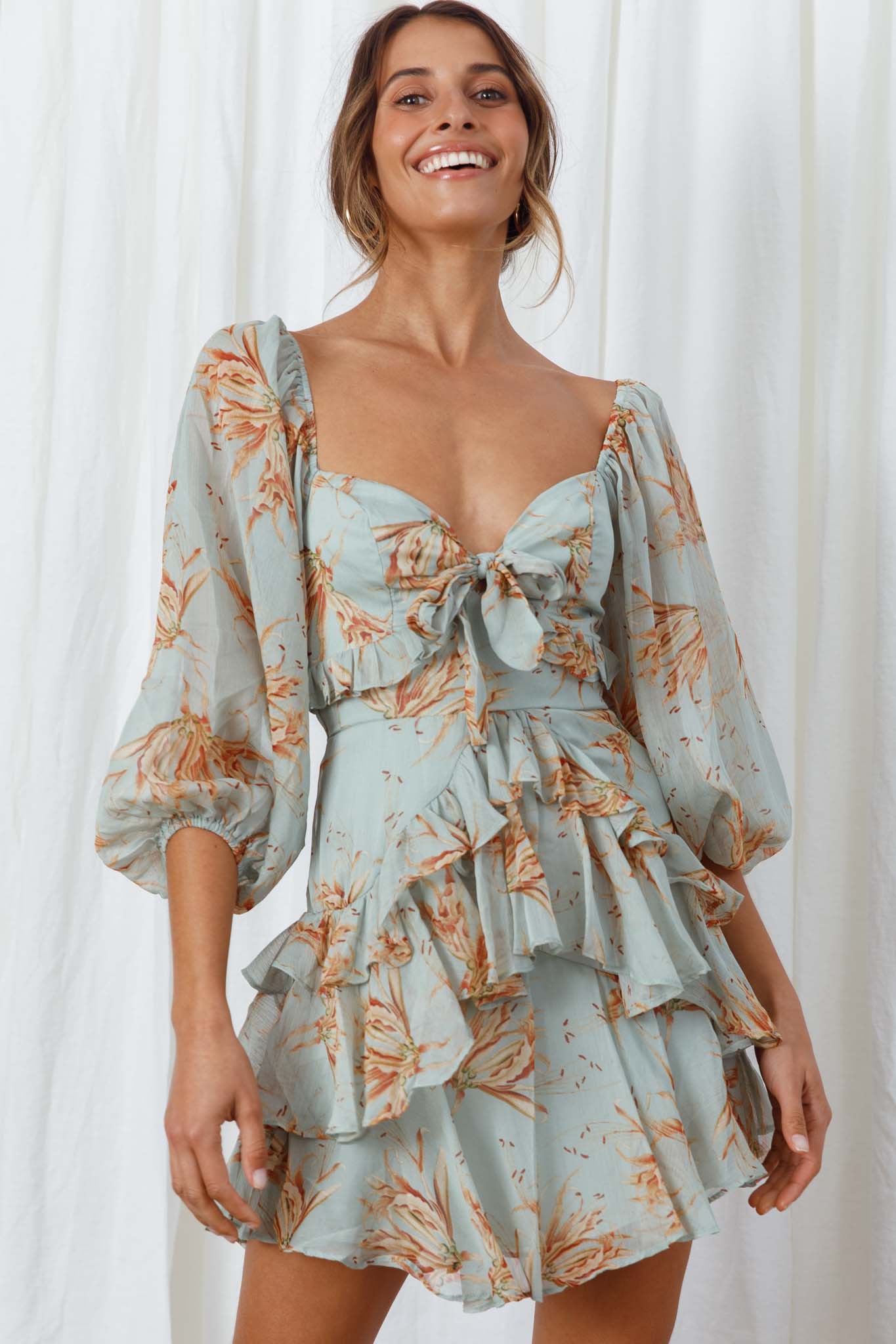 Flower Child Three Quarter Sleeve Bust Tie Ruffle Dress Lily Print Pistachio - Image 4