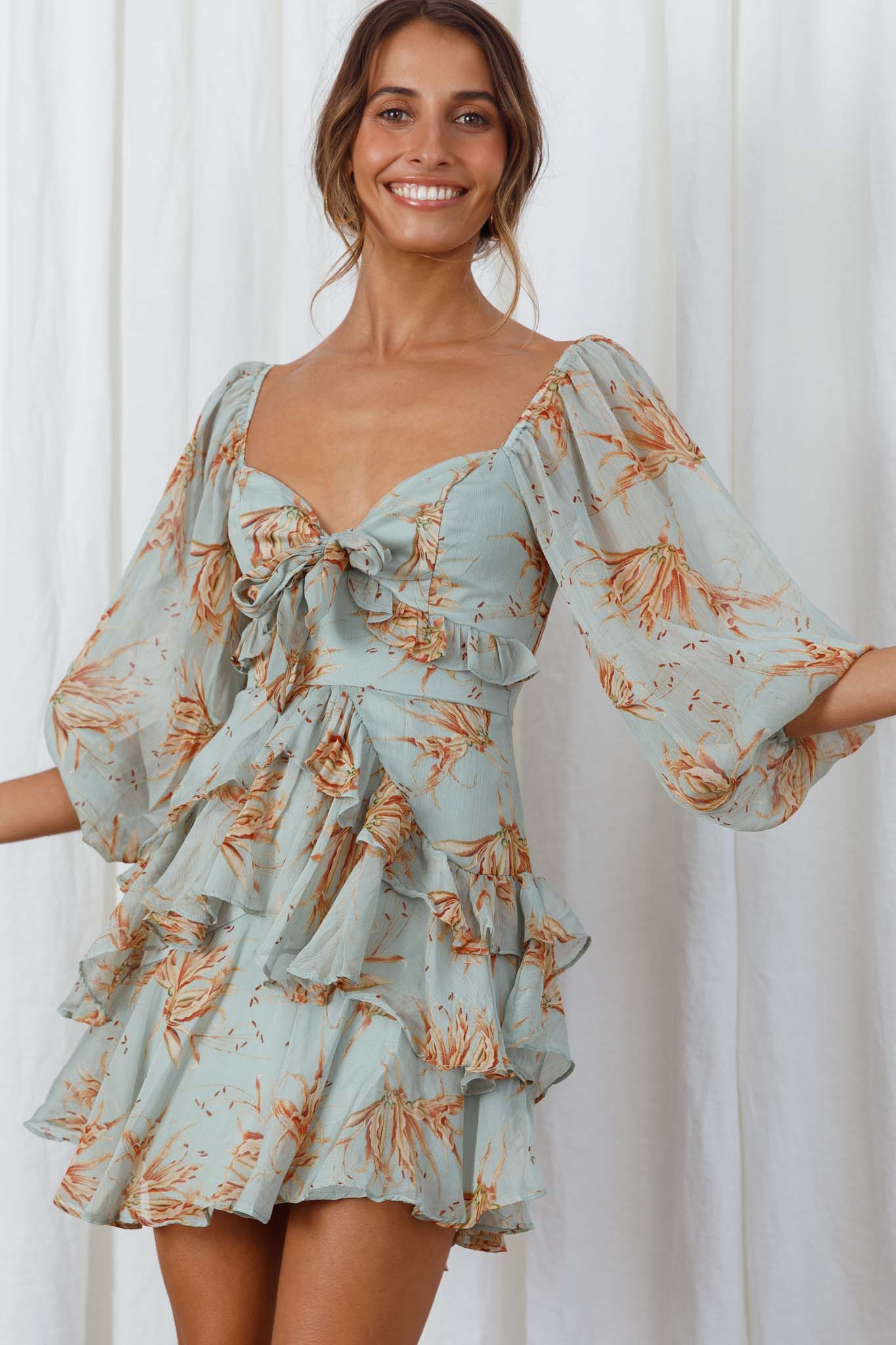 Flower Child Three Quarter Sleeve Bust Tie Ruffle Dress Lily Print Pistachio - Image 5