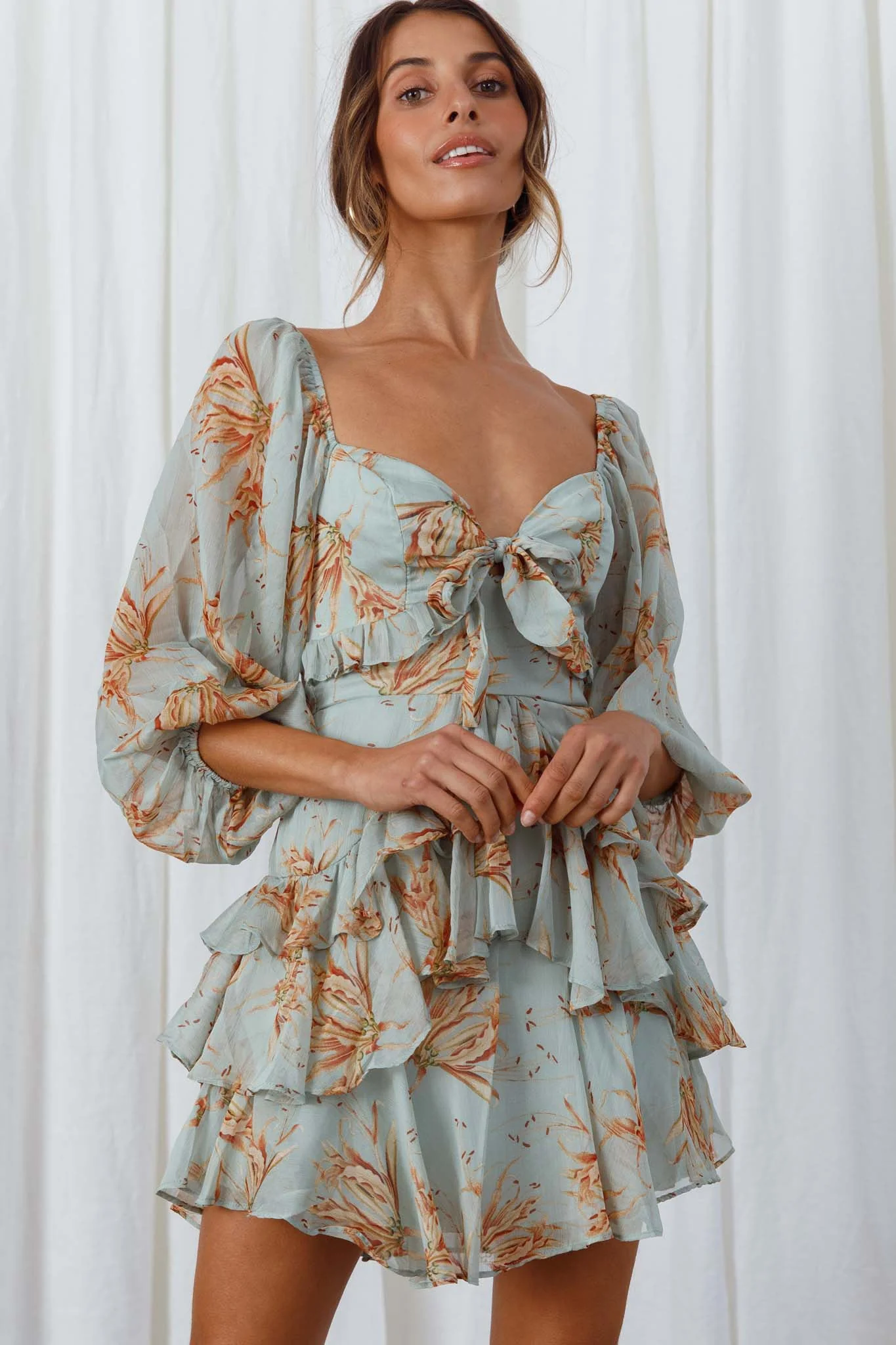 Flower Child Three Quarter Sleeve Bust Tie Ruffle Dress Lily Print Pistachio - Image 6