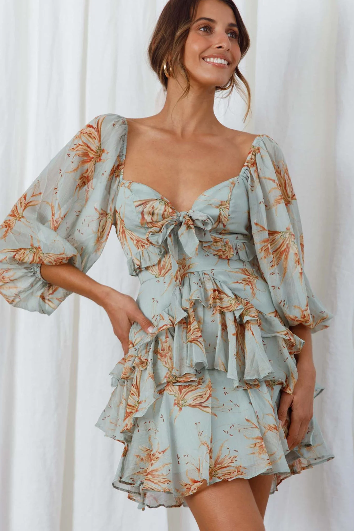 Flower Child Three Quarter Sleeve Bust Tie Ruffle Dress Lily Print Pistachio - Image 7