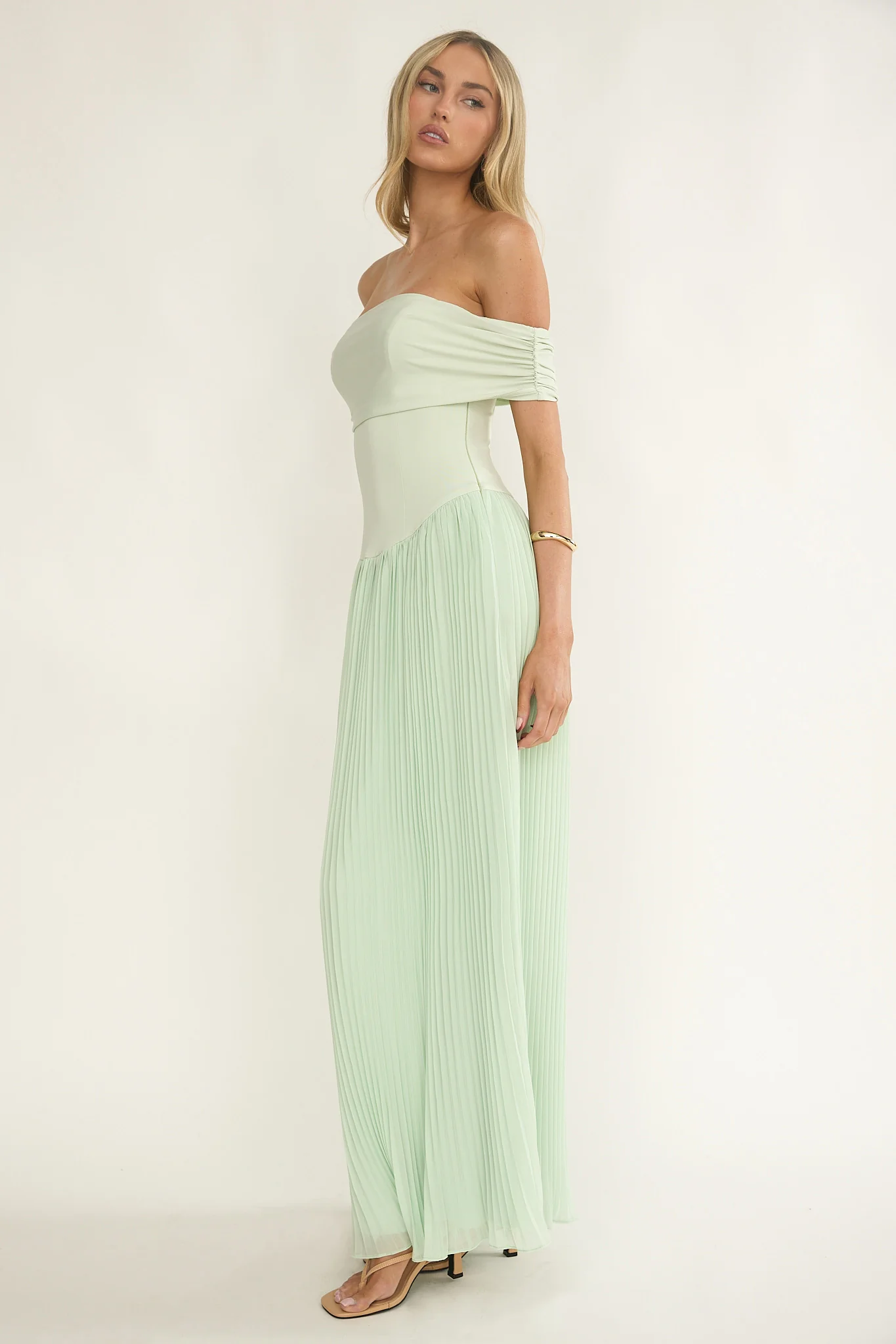 Flutters Off-Shoulder Accordion Pleat Dress Sage - Image 6