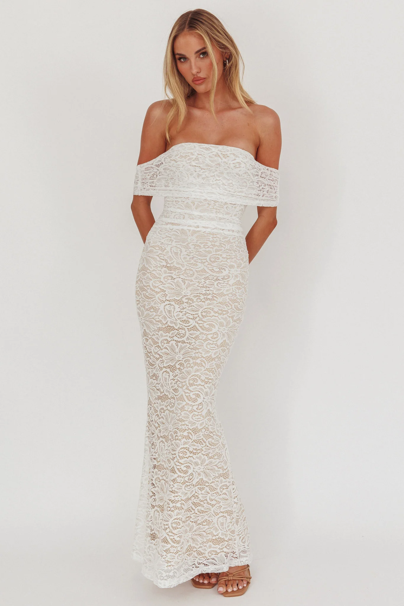 Flutters Off-Shoulder Lace Maxi Dress White - Image 4