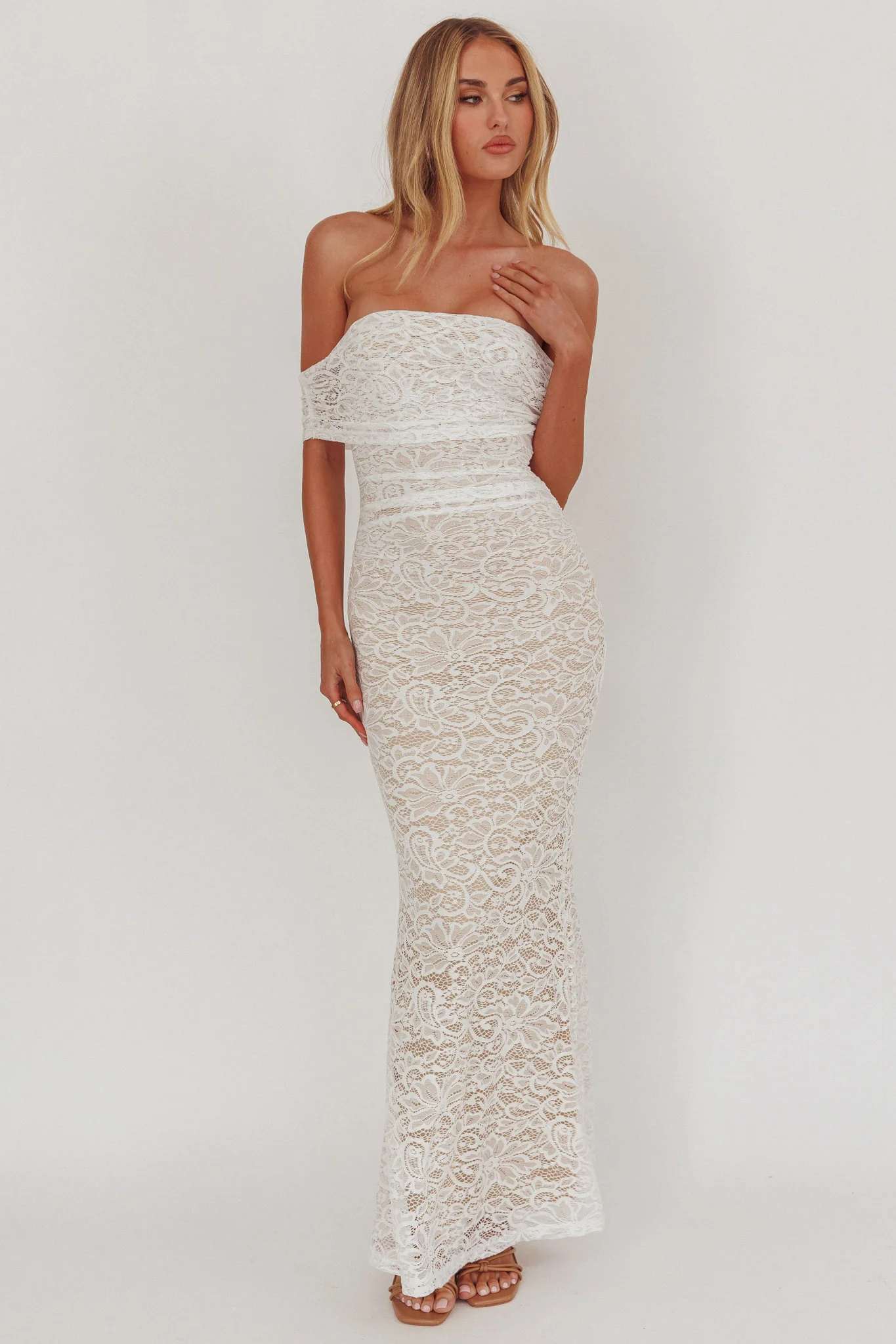 Flutters Off-Shoulder Lace Maxi Dress White - Image 5
