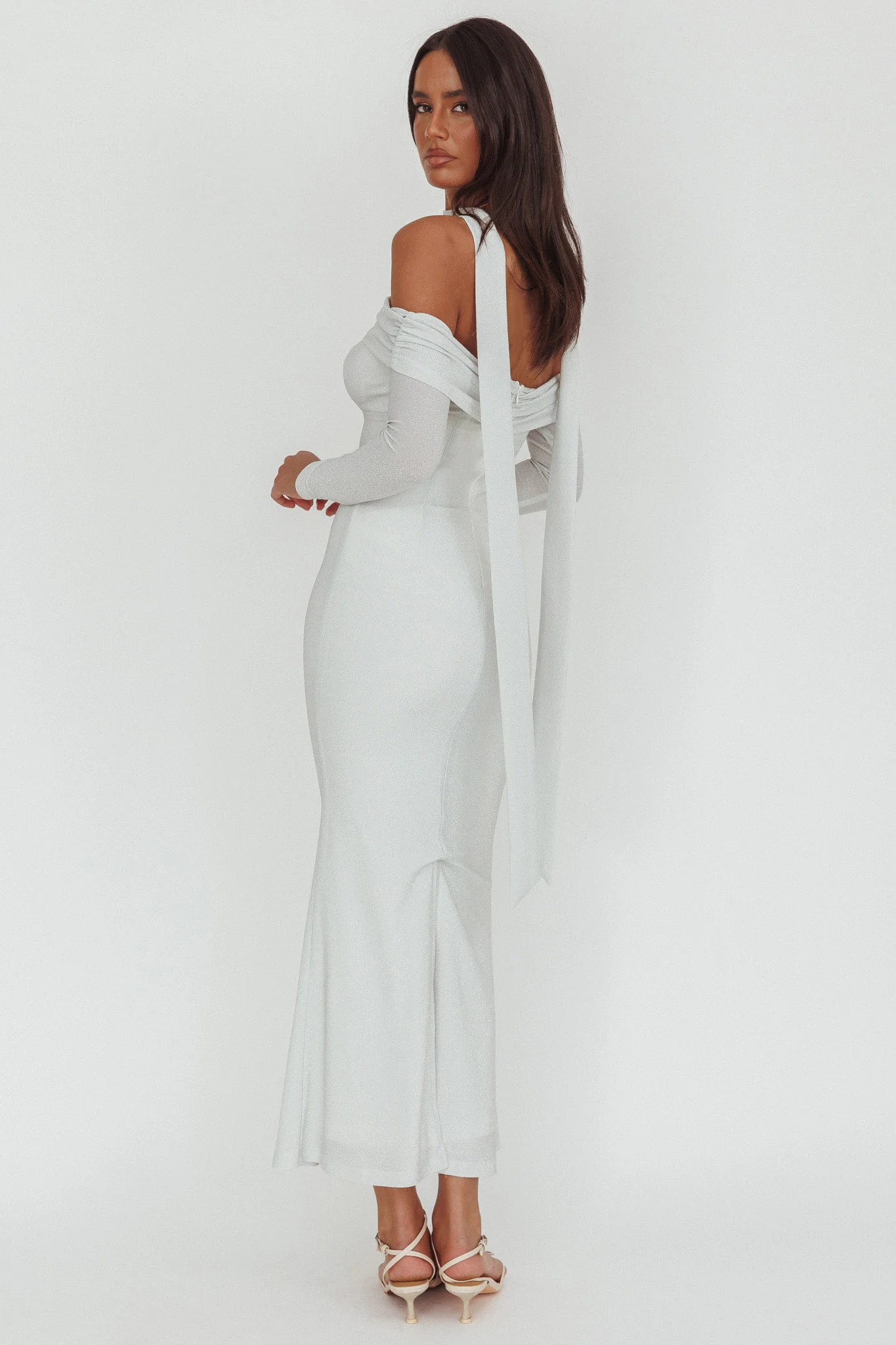 Flutters Off-Shoulder Long Sleeve Maxi Dress White - Image 2