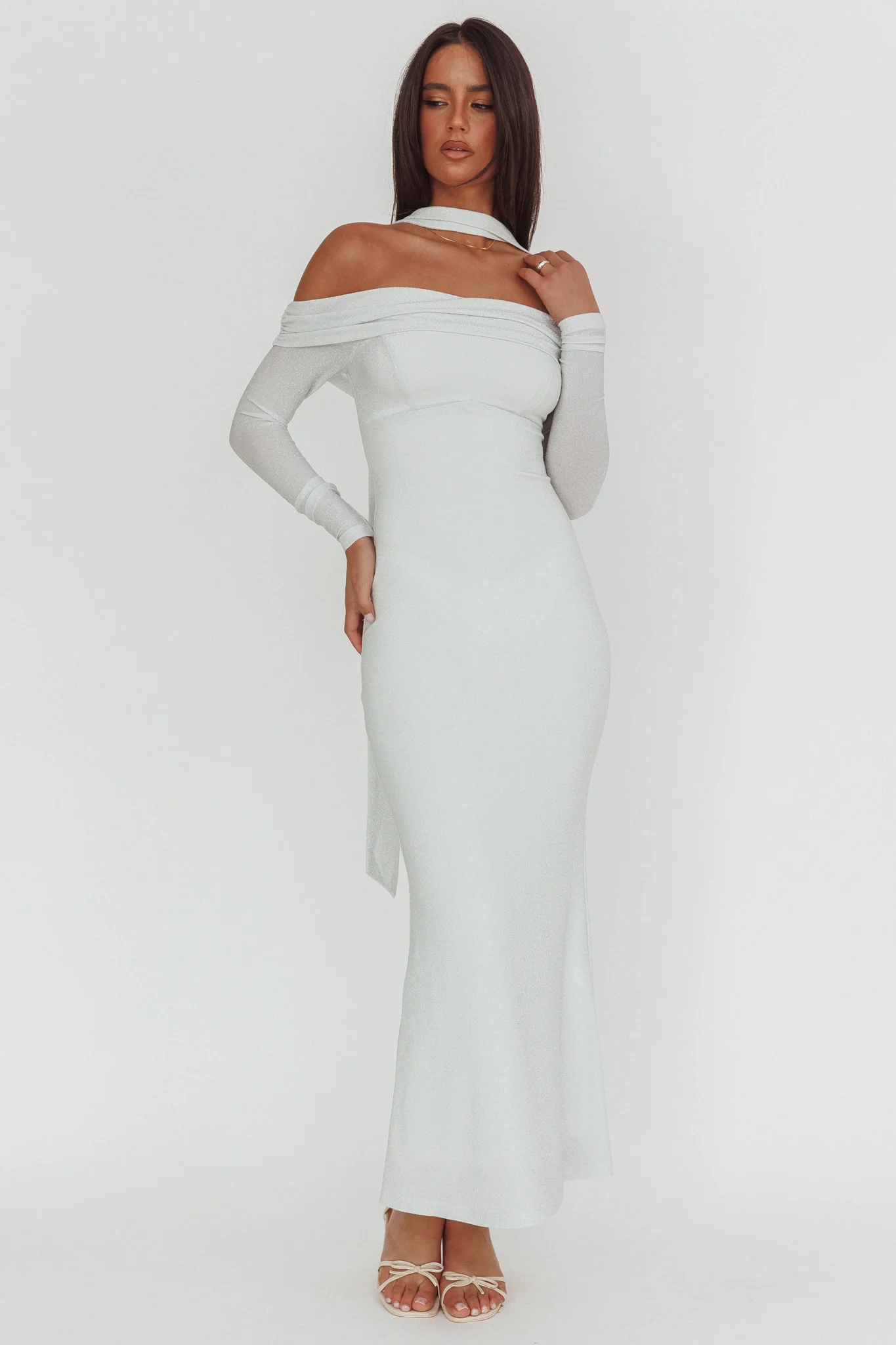 Flutters Off-Shoulder Long Sleeve Maxi Dress White - Image 4