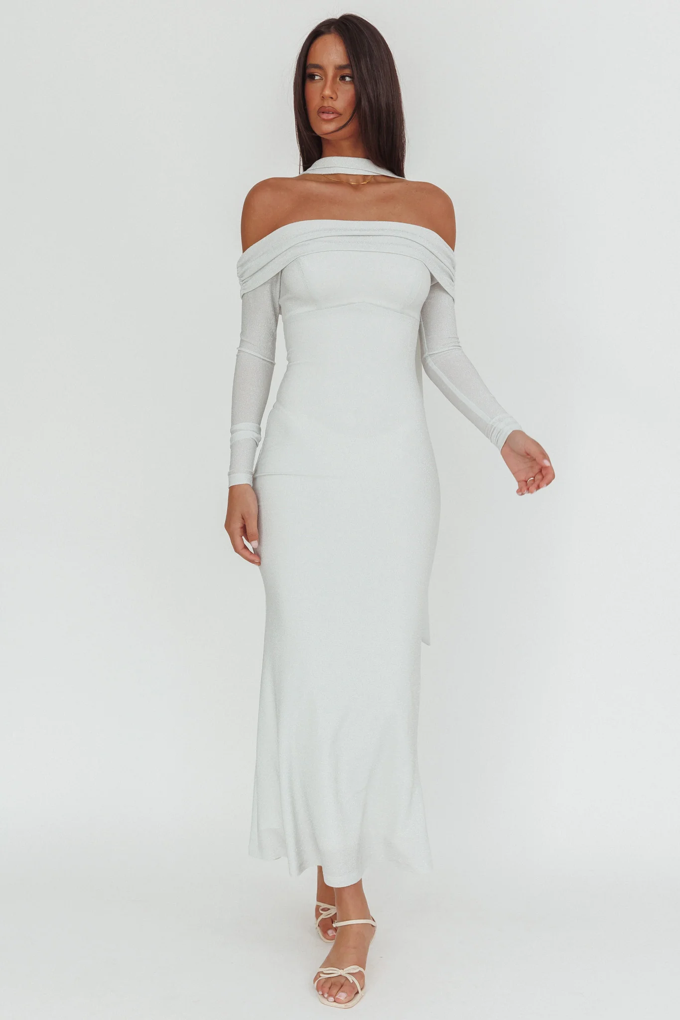 Flutters Off-Shoulder Long Sleeve Maxi Dress White - Image 5