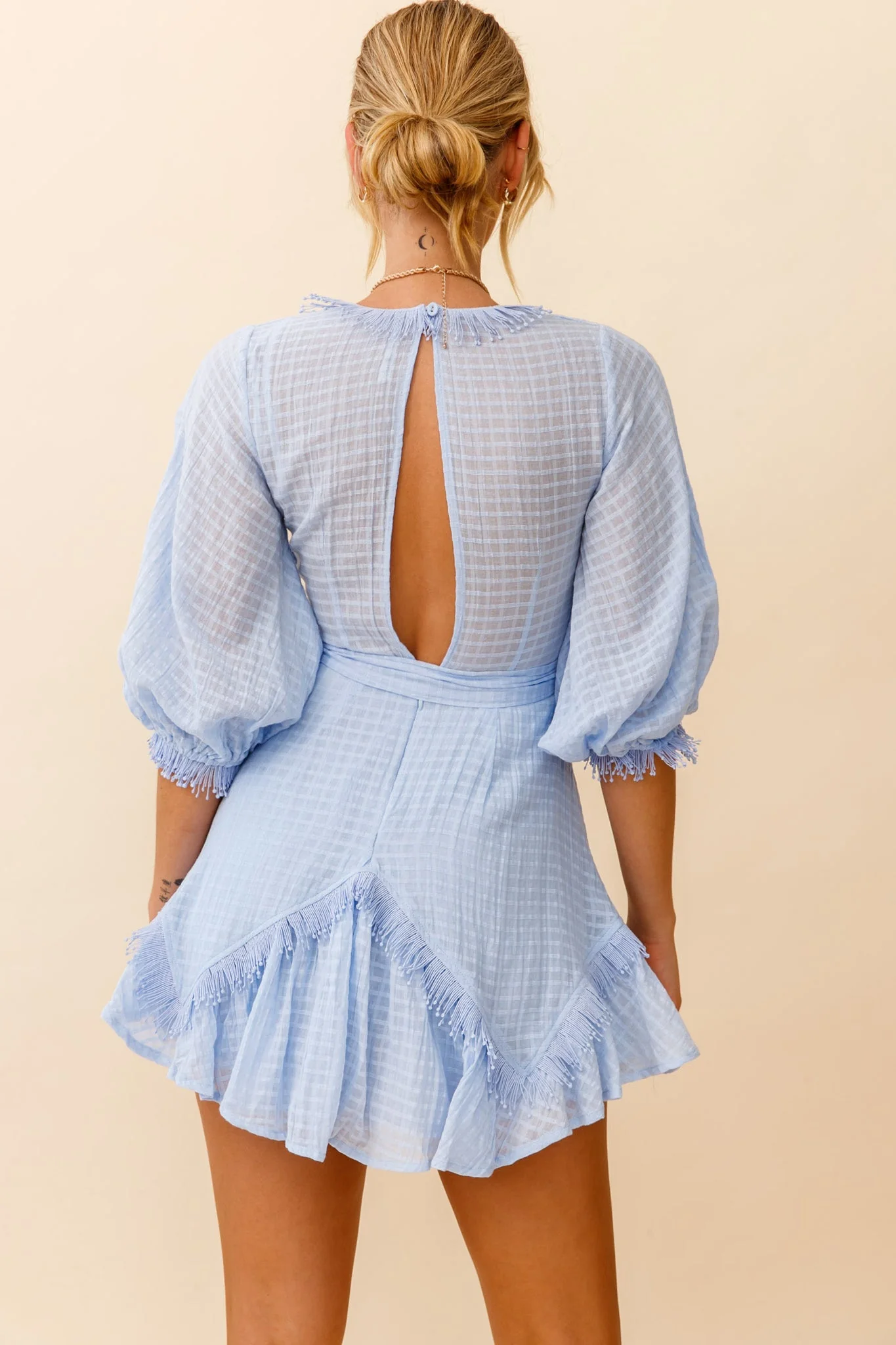 Flyin' Solo Fringe Trim Waist Tie Dress Steel Blue - Image 5
