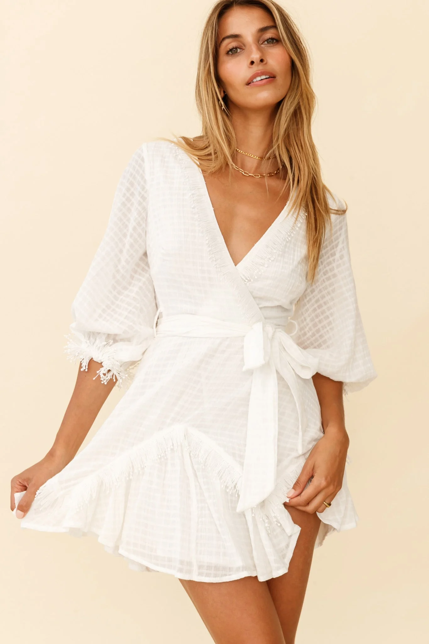 Flyin' Solo Fringe Trim Waist Tie Dress White - Image 3