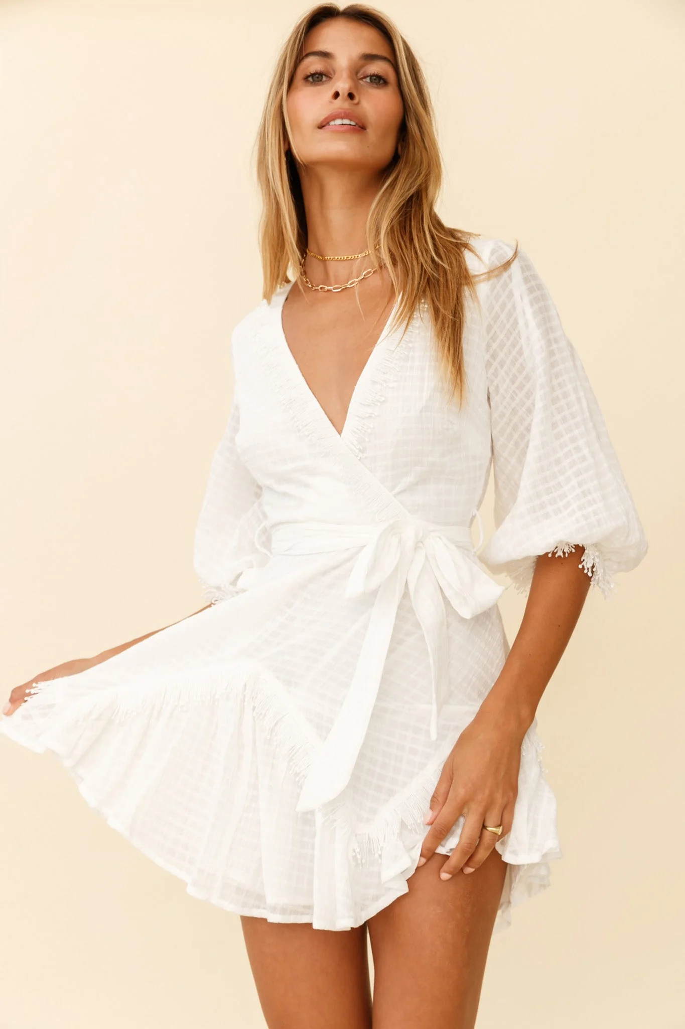 Flyin' Solo Fringe Trim Waist Tie Dress White - Image 4