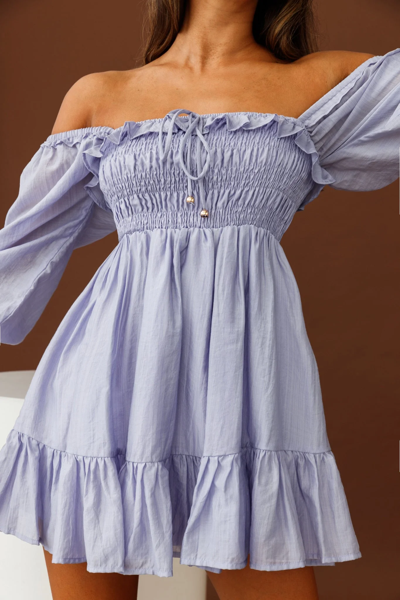 Flynn Balloon Sleeve Shirred Bust Mini Dress Lavender - Image 5