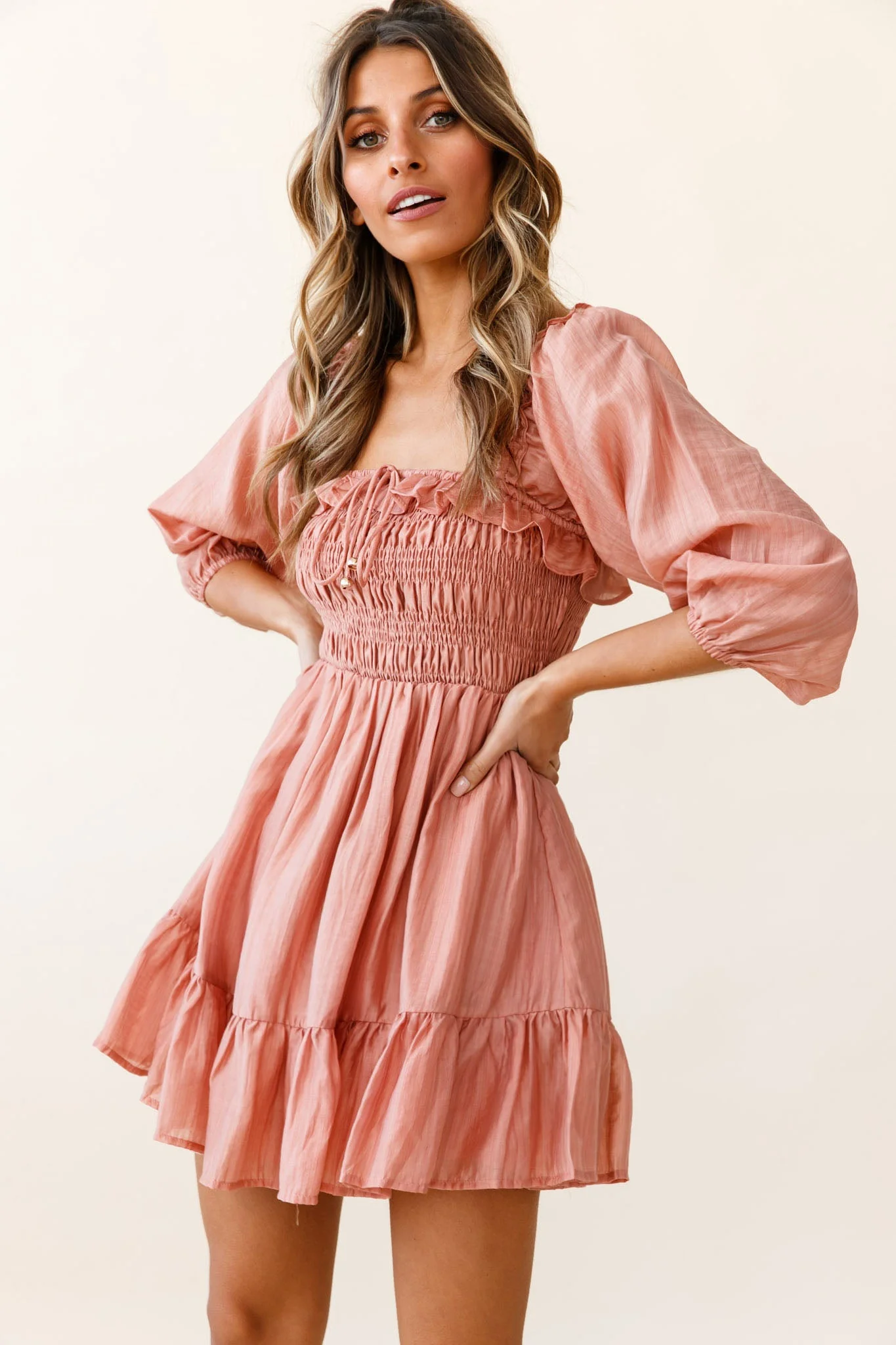 Flynn Balloon Sleeve Shirred Bust Mini Dress Mocha - Image 7