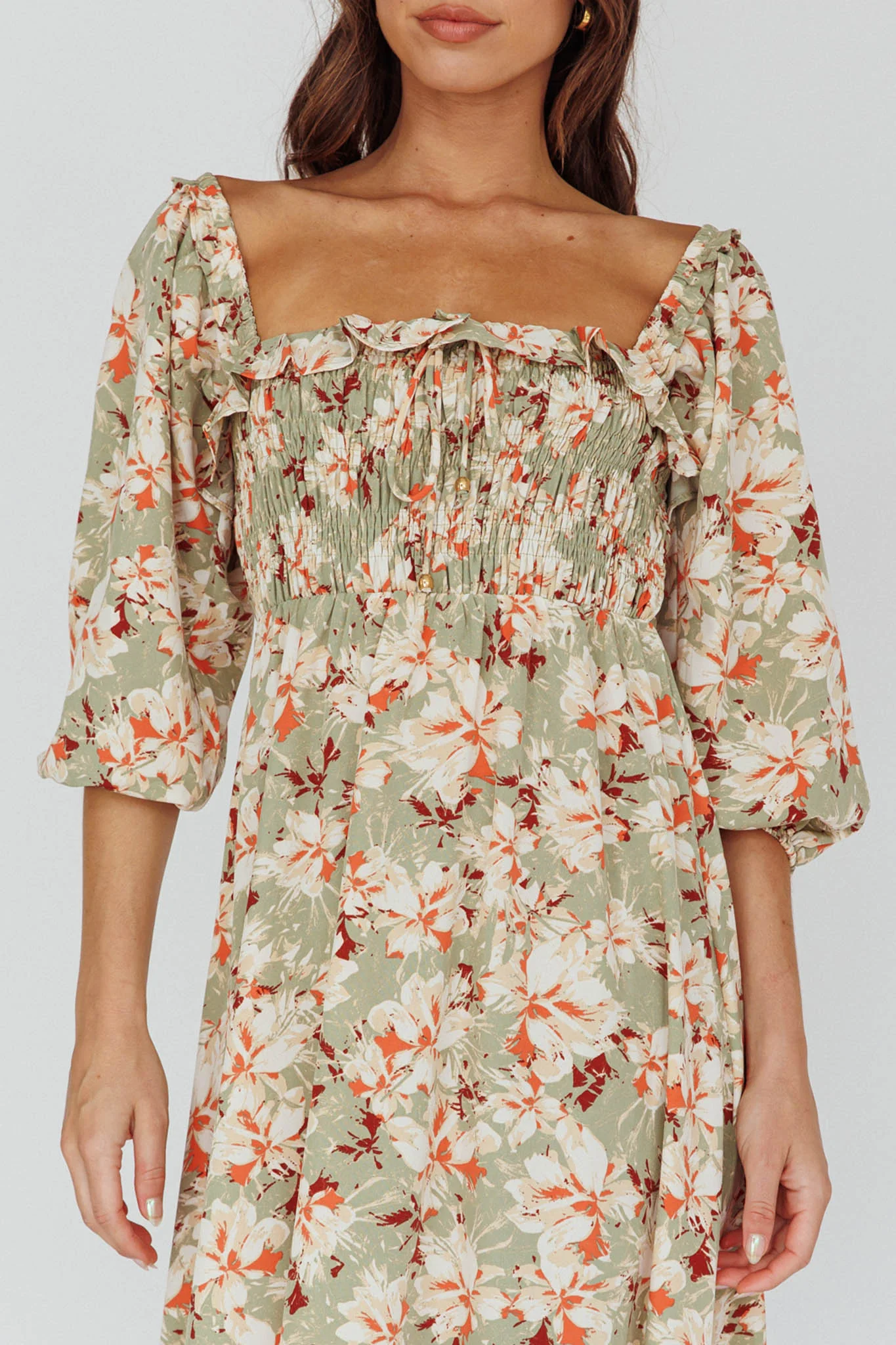 Flynn Balloon Sleeve Shirred Midi Dress Floral Green - Image 4