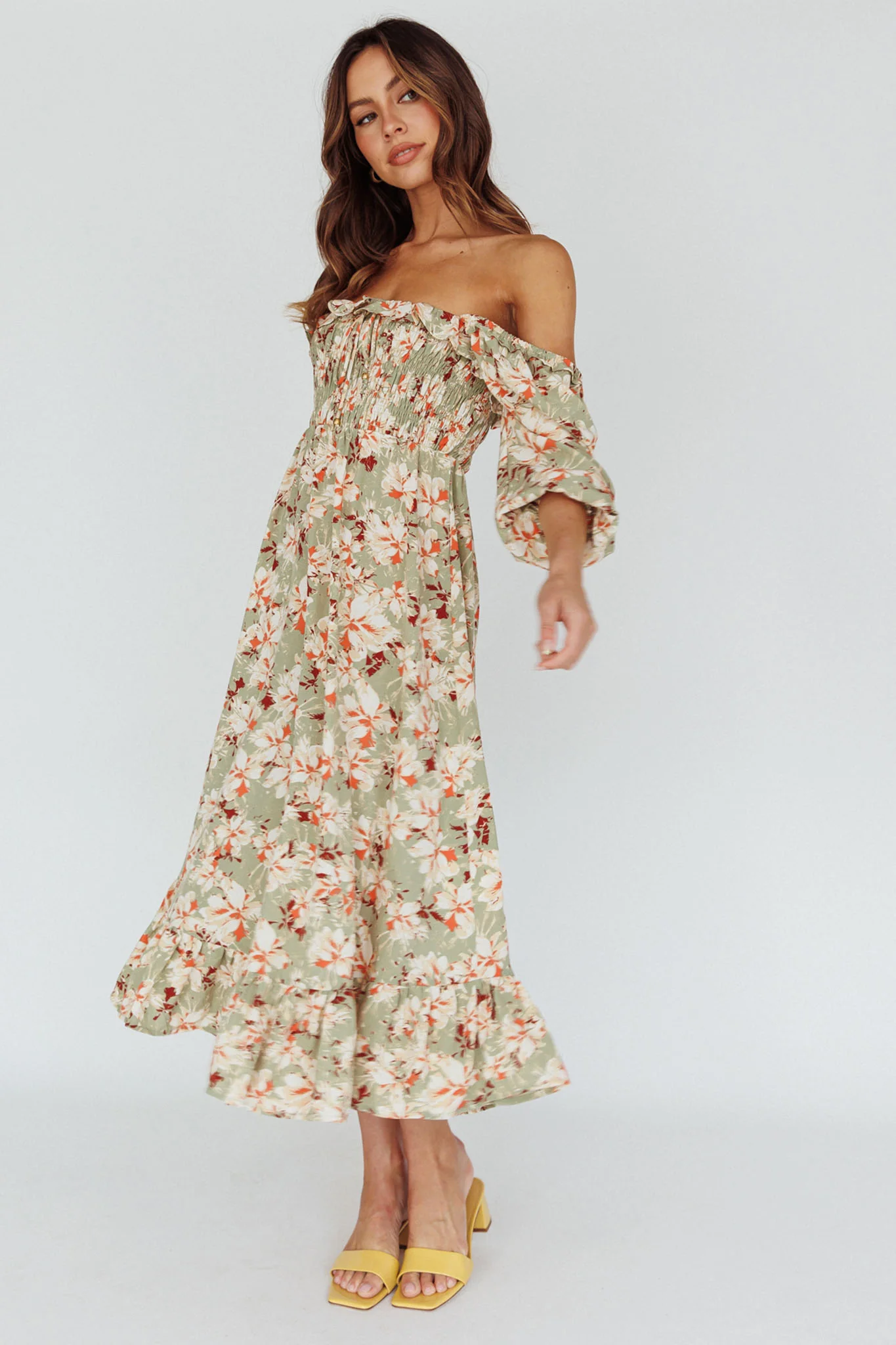 Flynn Balloon Sleeve Shirred Midi Dress Floral Green - Image 5