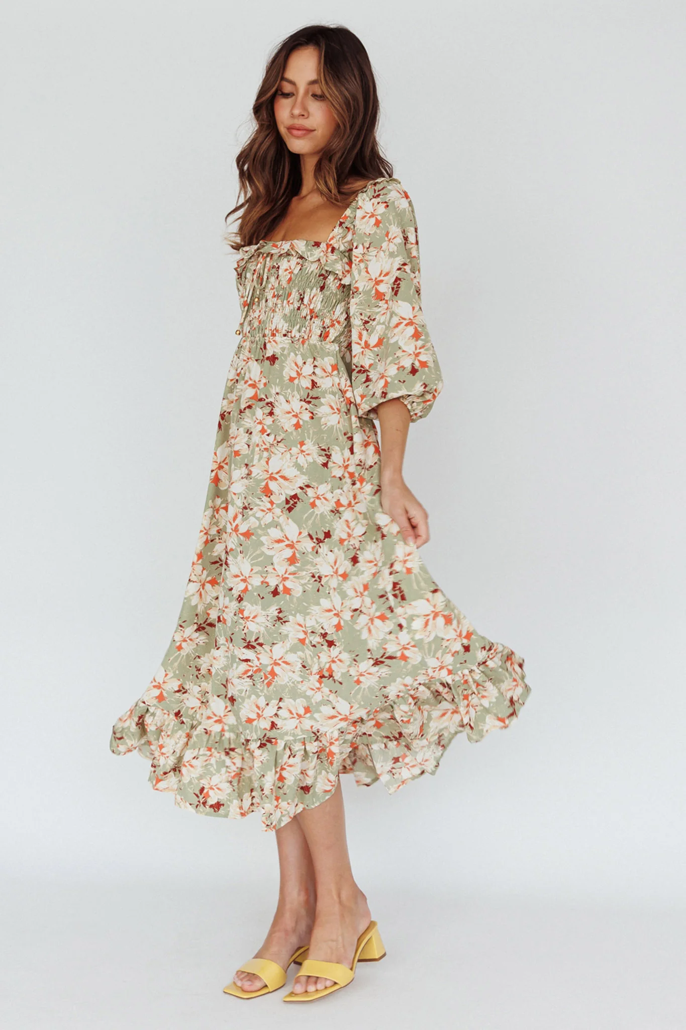 Flynn Balloon Sleeve Shirred Midi Dress Floral Green - Image 6