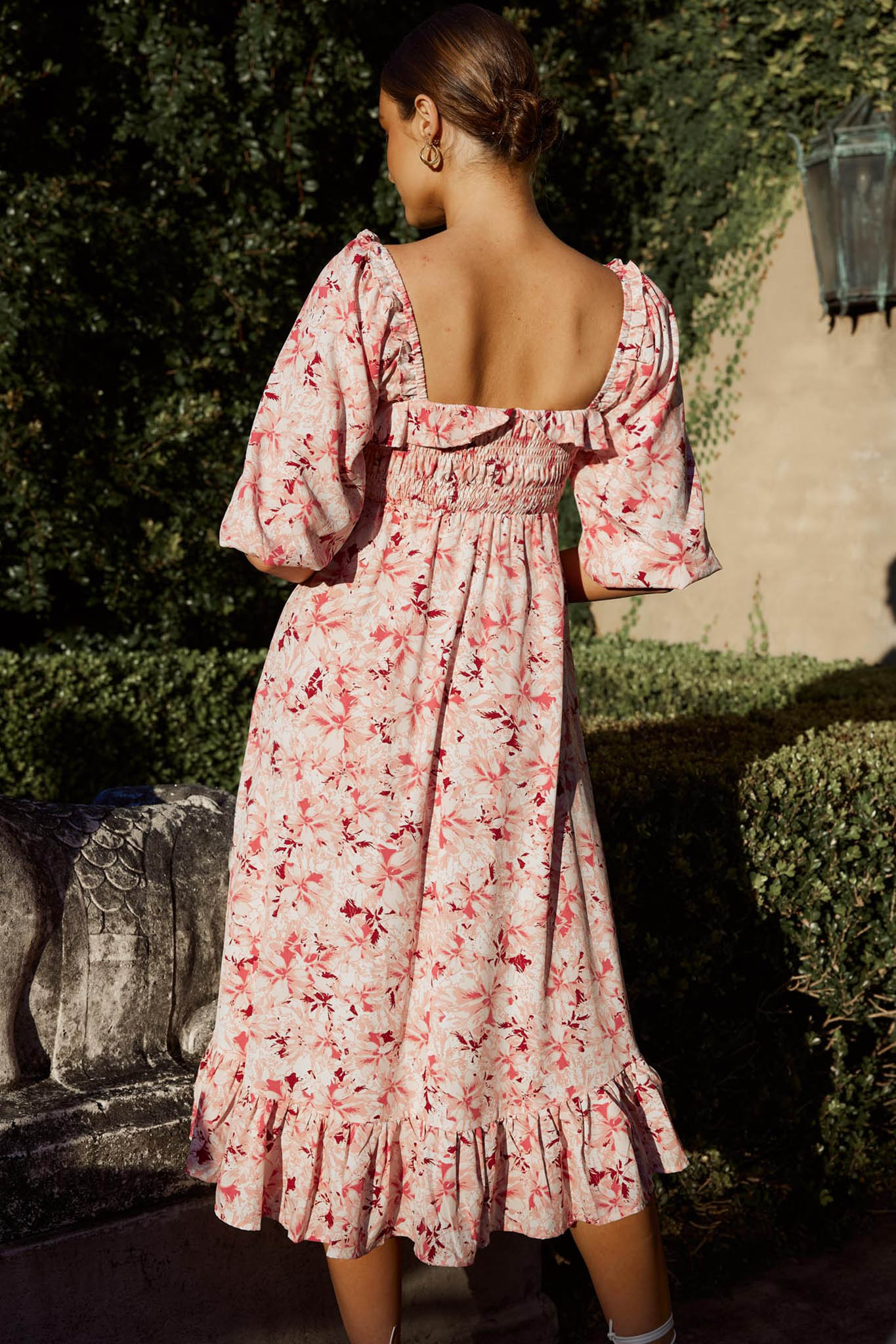 Flynn Balloon Sleeve Shirred Midi Dress Floral Pink - Image 2