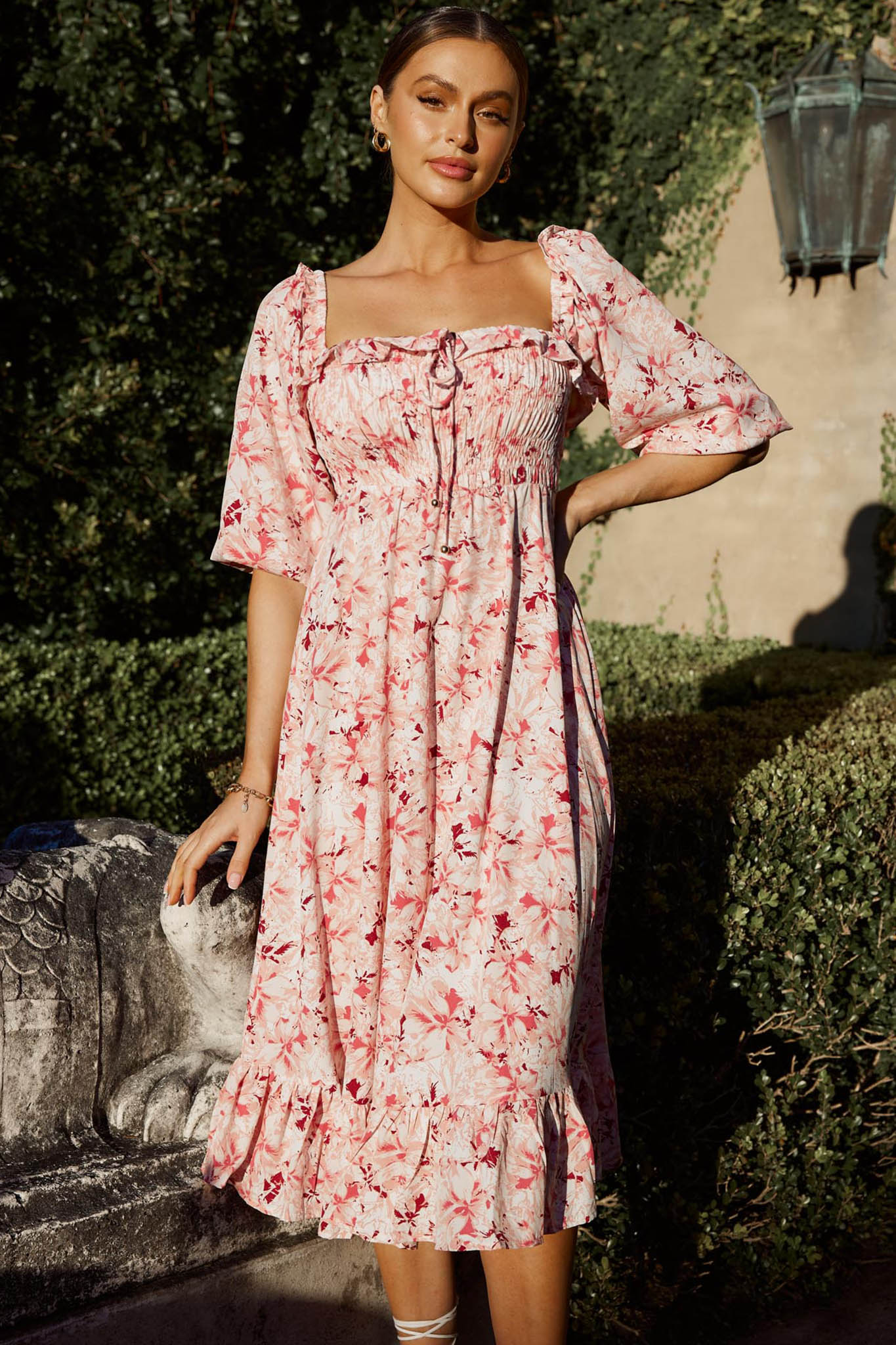 Flynn Balloon Sleeve Shirred Midi Dress Floral Pink - Image 3
