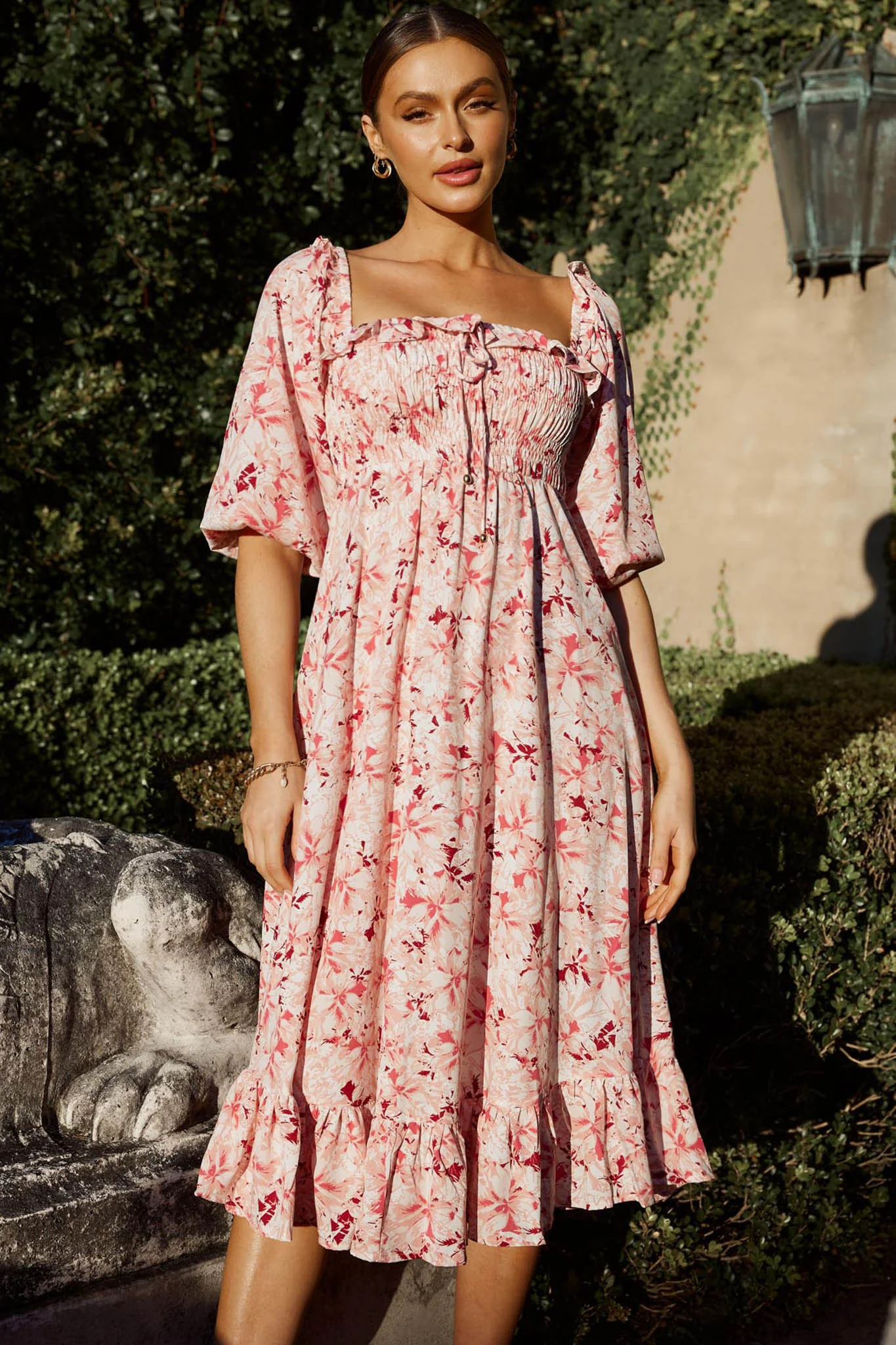 Flynn Balloon Sleeve Shirred Midi Dress Floral Pink - Image 4