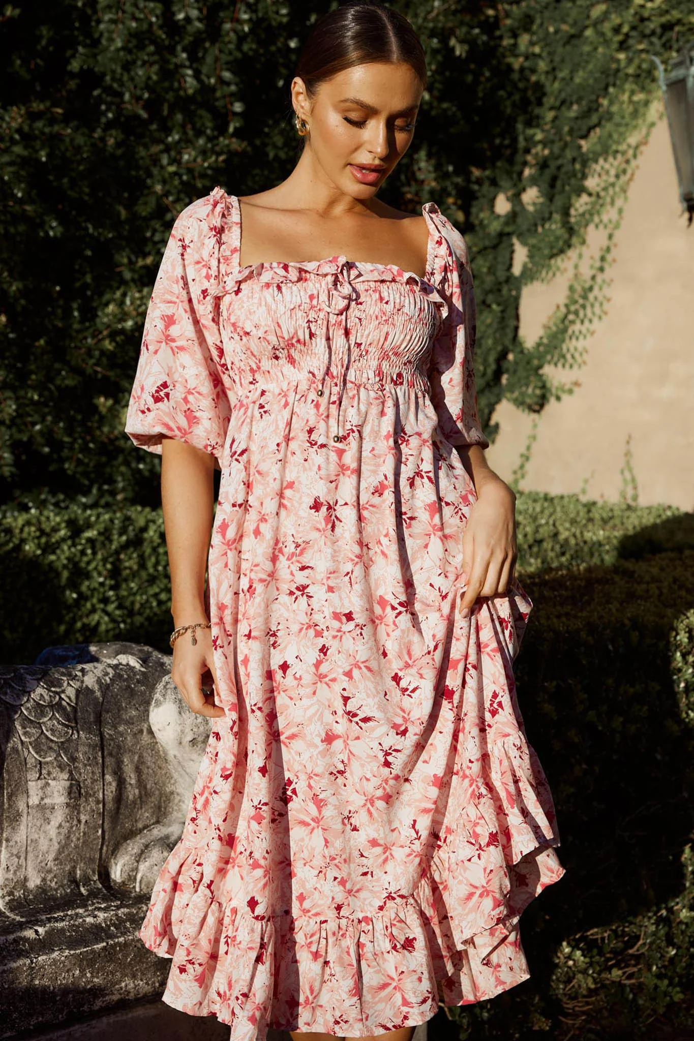 Flynn Balloon Sleeve Shirred Midi Dress Floral Pink - Image 5