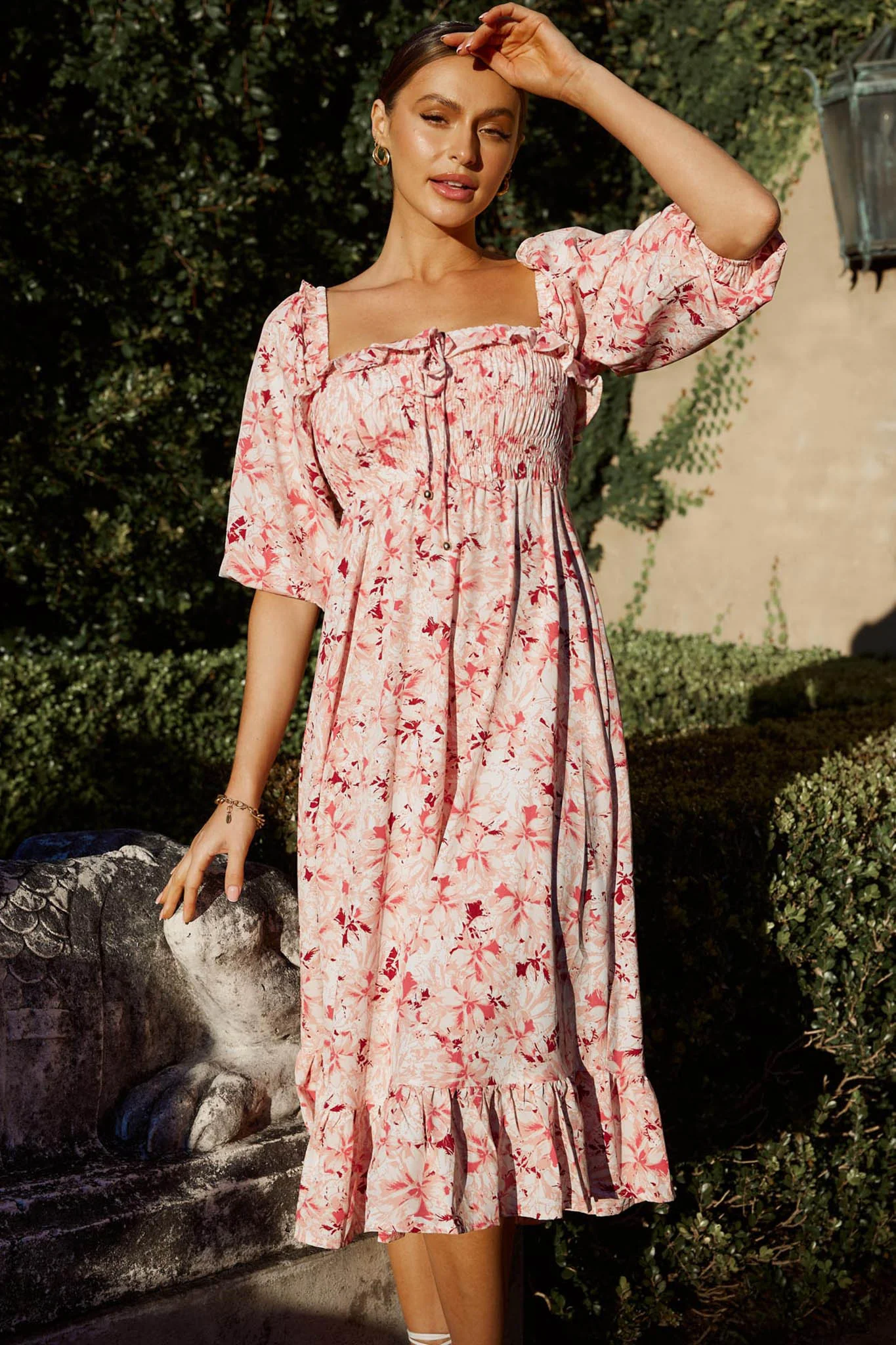 Flynn Balloon Sleeve Shirred Midi Dress Floral Pink - Image 6
