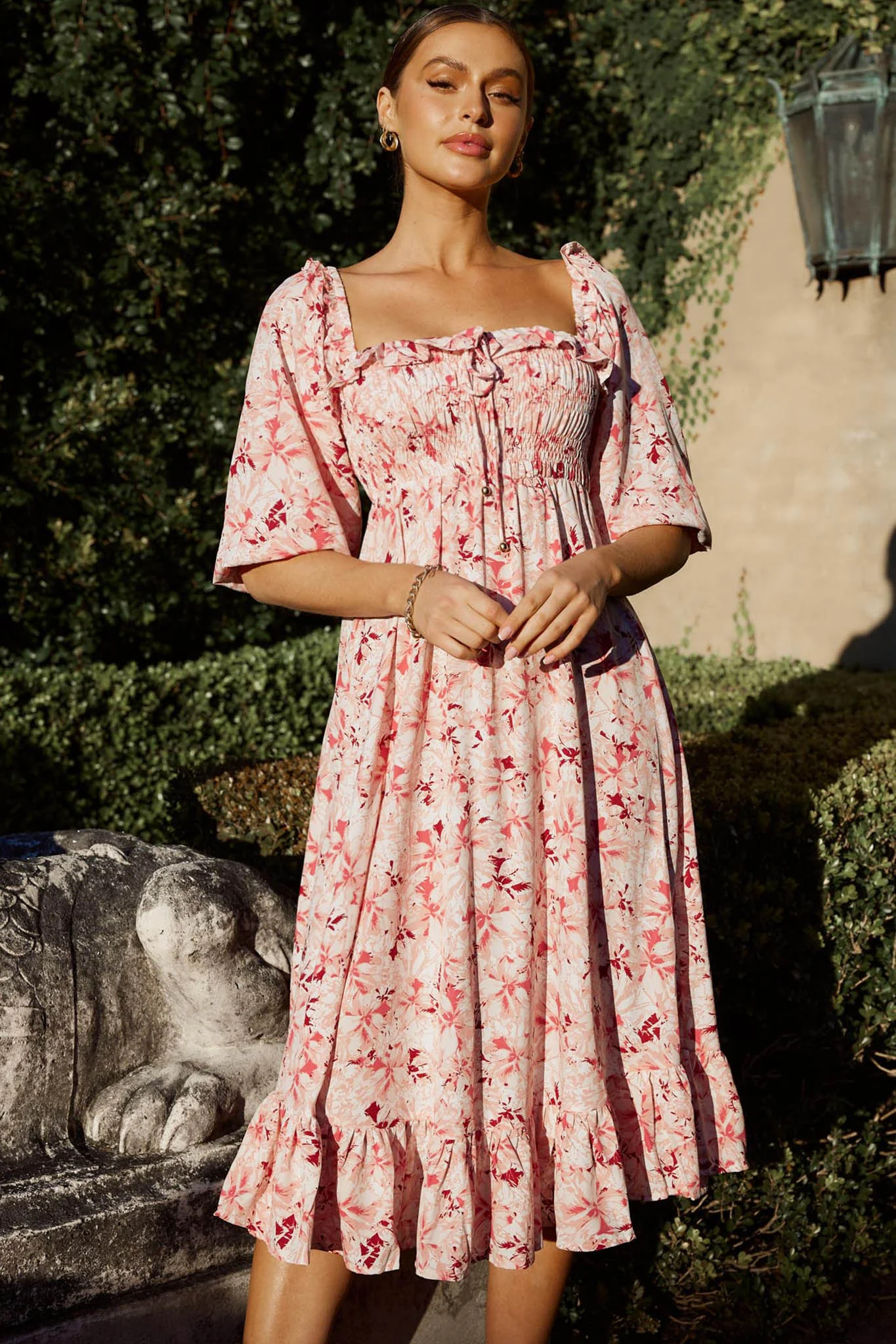Flynn Balloon Sleeve Shirred Midi Dress Floral Pink - Image 7