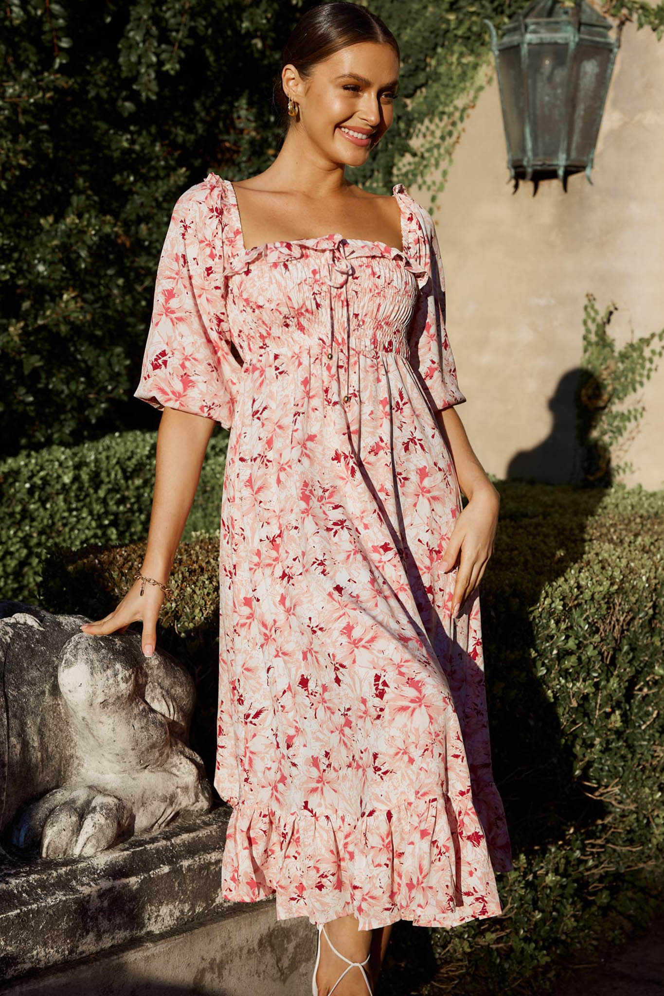 Flynn Balloon Sleeve Shirred Midi Dress Floral Pink - Image 8
