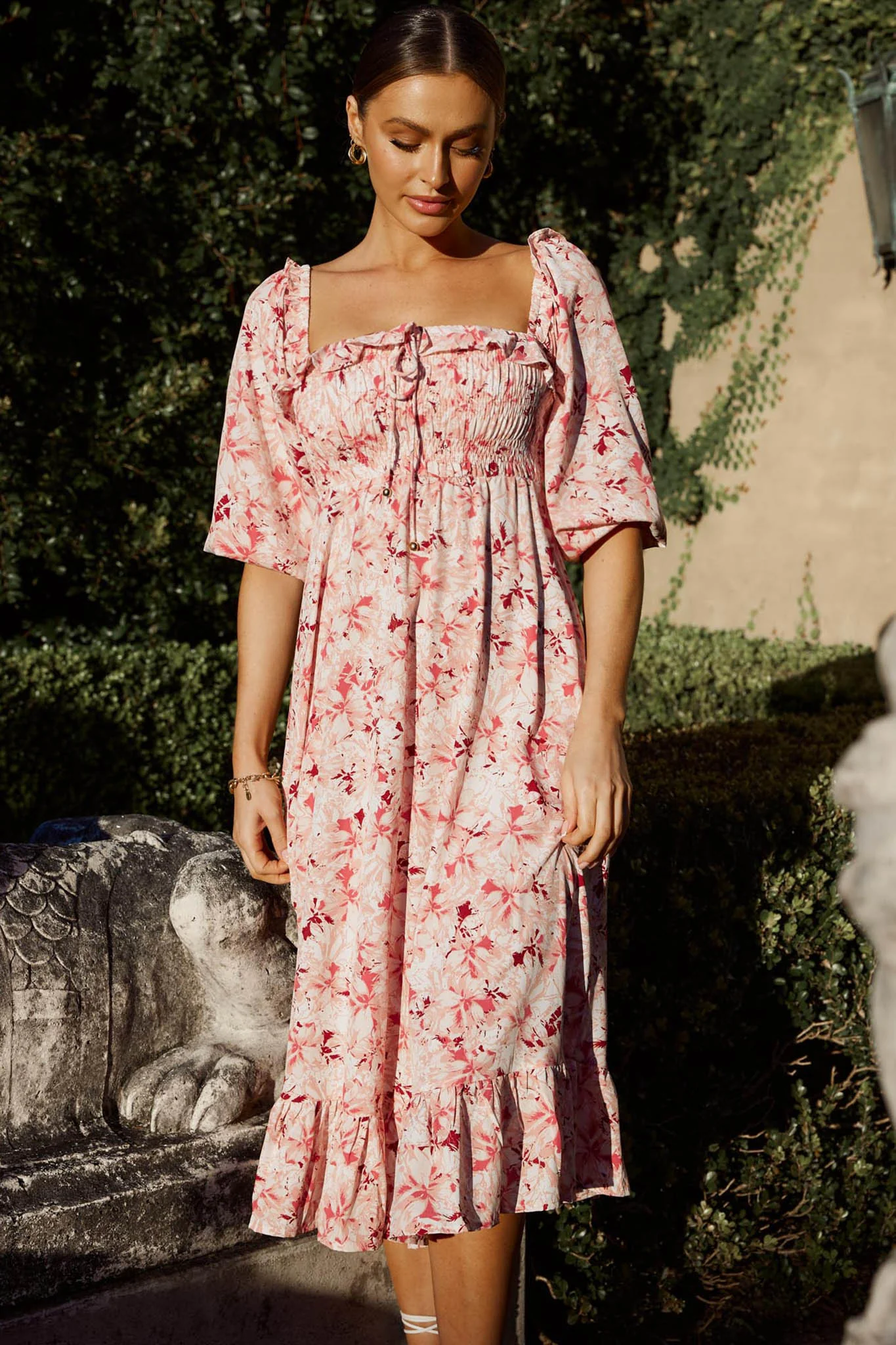 Flynn Balloon Sleeve Shirred Midi Dress Floral Pink - Image 9