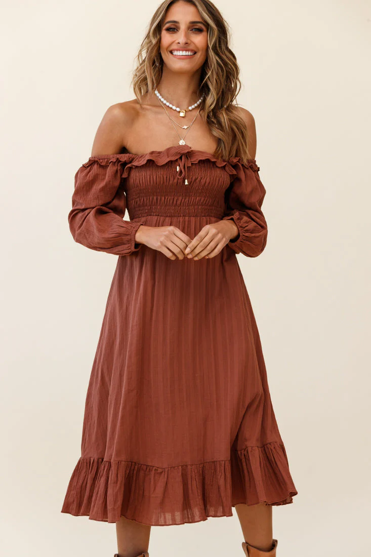 Flynn Off-Shoulder Shirred Bust Midi Dress Tan - Image 6
