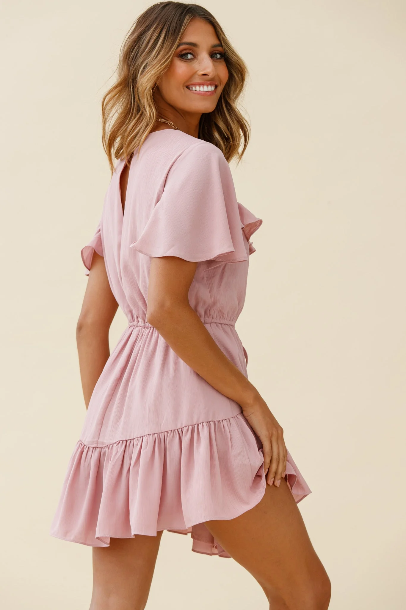 Forever Free Angel Sleeve Drawstring Waist Dress Blush - Image 3