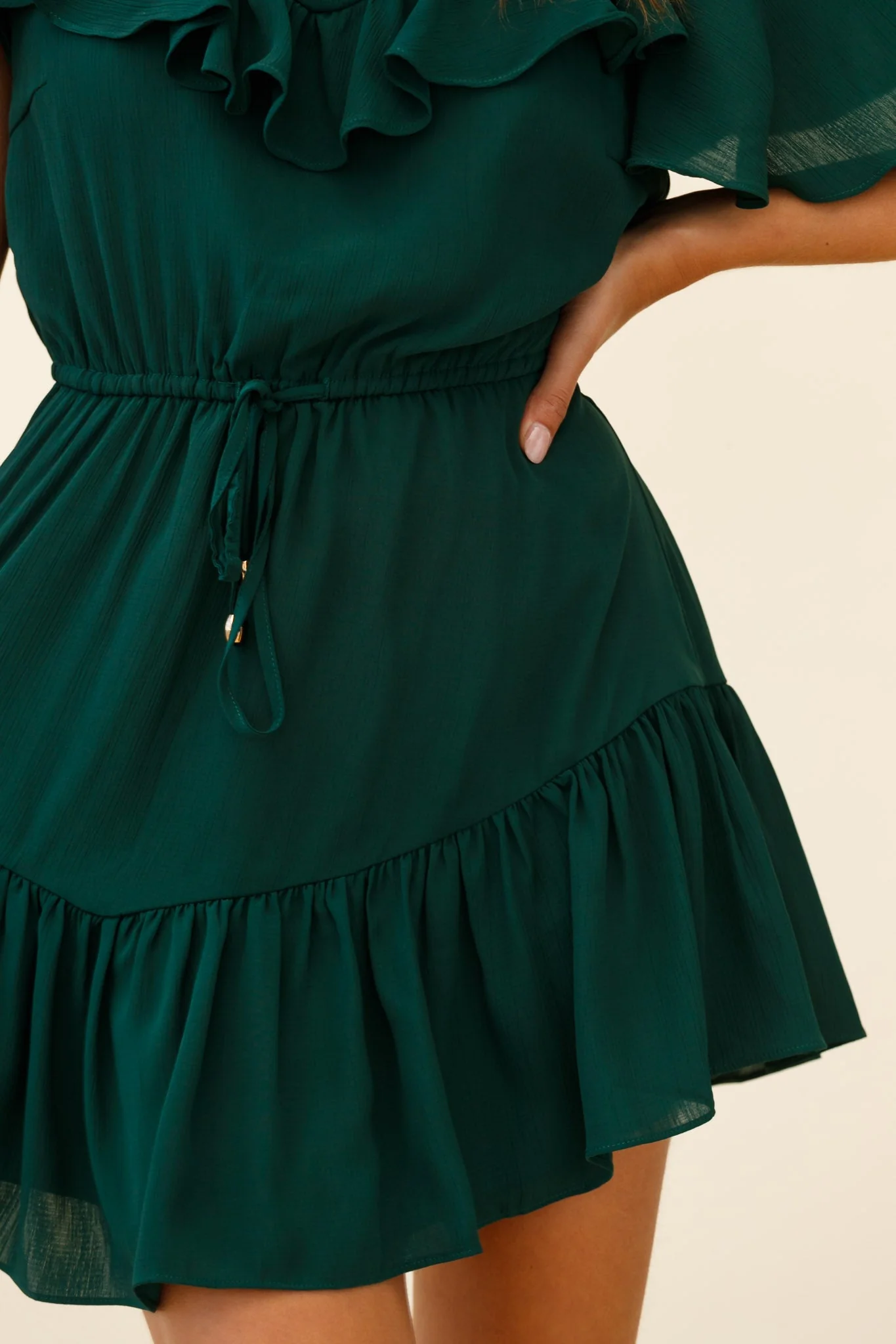 Forever Free Angel Sleeve Drawstring Waist Dress Forest Green - Image 4