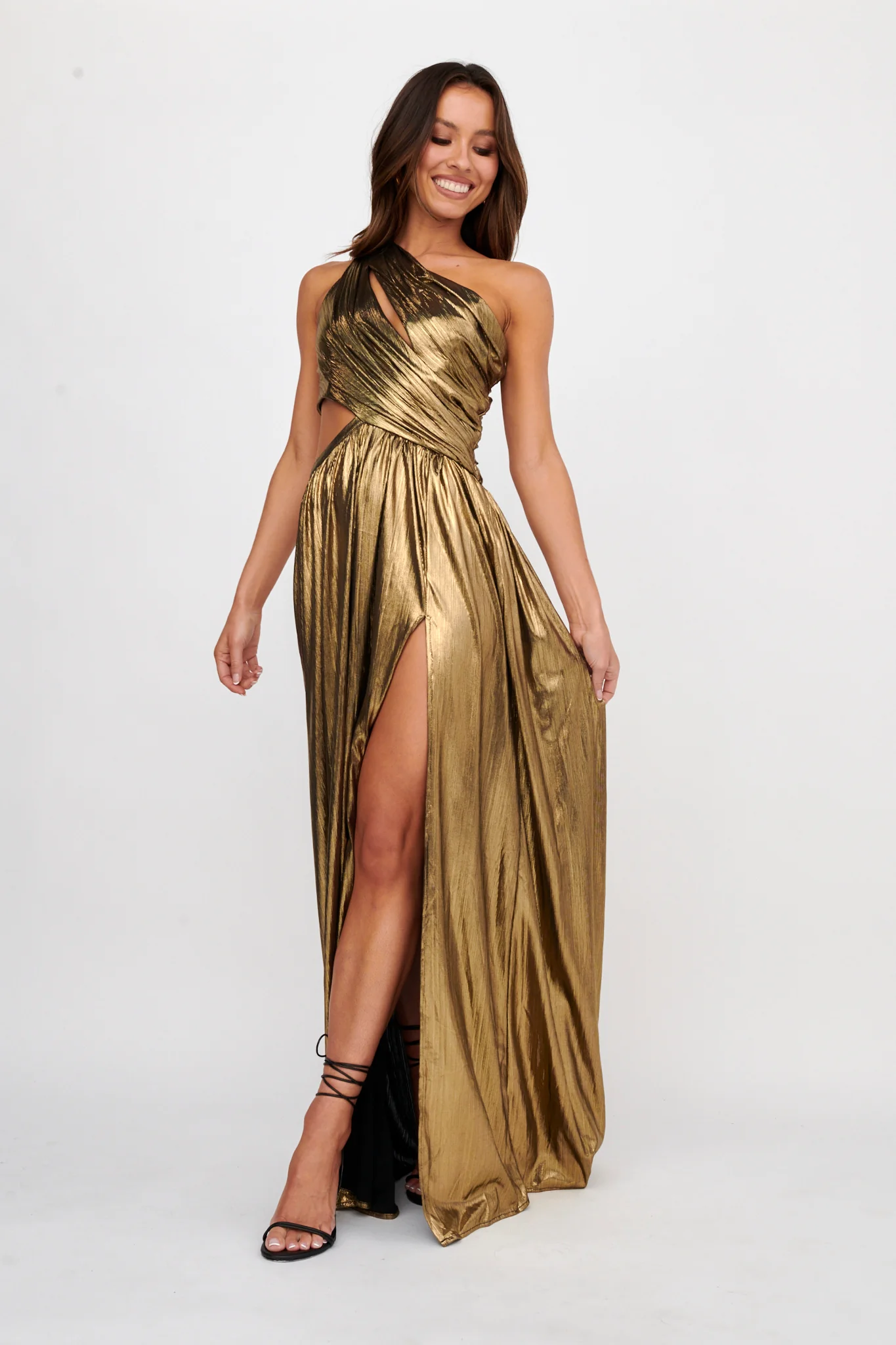 Fortuna One Shoulder Split Maxi Dress Black/Gold - Image 2