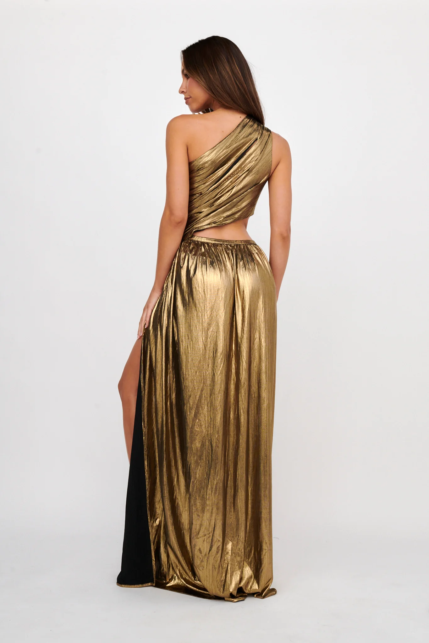 Fortuna One Shoulder Split Maxi Dress Black/Gold - Image 3