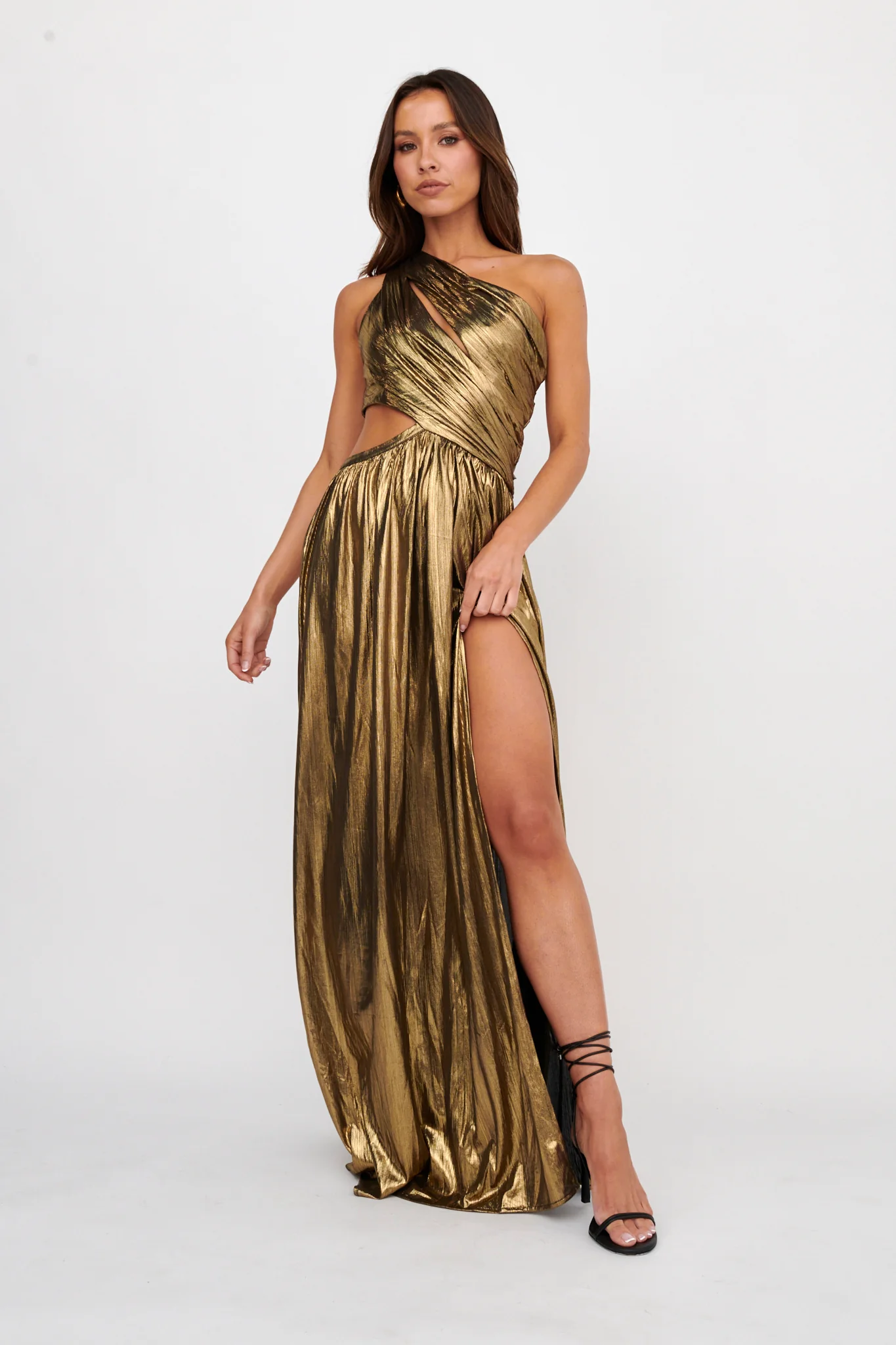 Fortuna One Shoulder Split Maxi Dress Black/Gold - Image 5