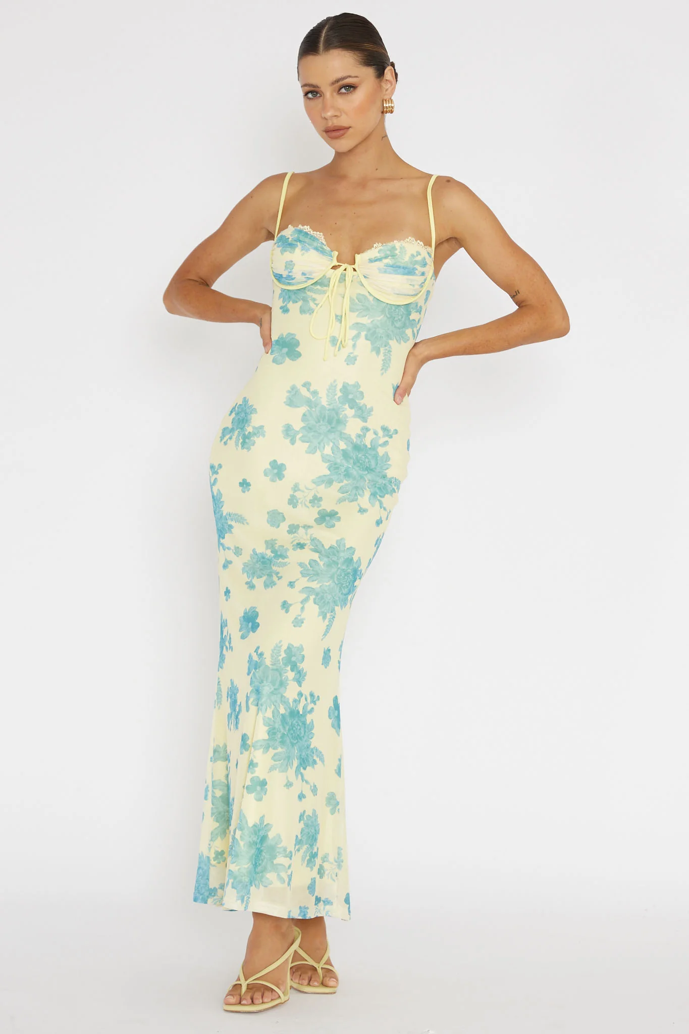 Fortune Lace Trim Mesh Midi Dress Yellow - Image 4