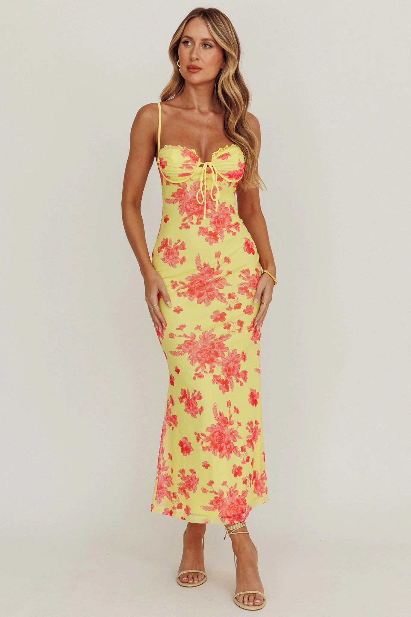 Fortune Mesh Floral Midi Dress Pink/Yellow - Image 2