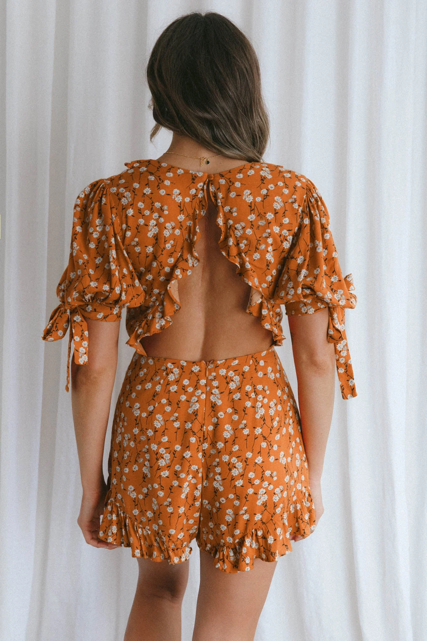 Francine Short Sleeve Tied Bust Romper Floral Orange - Image 8