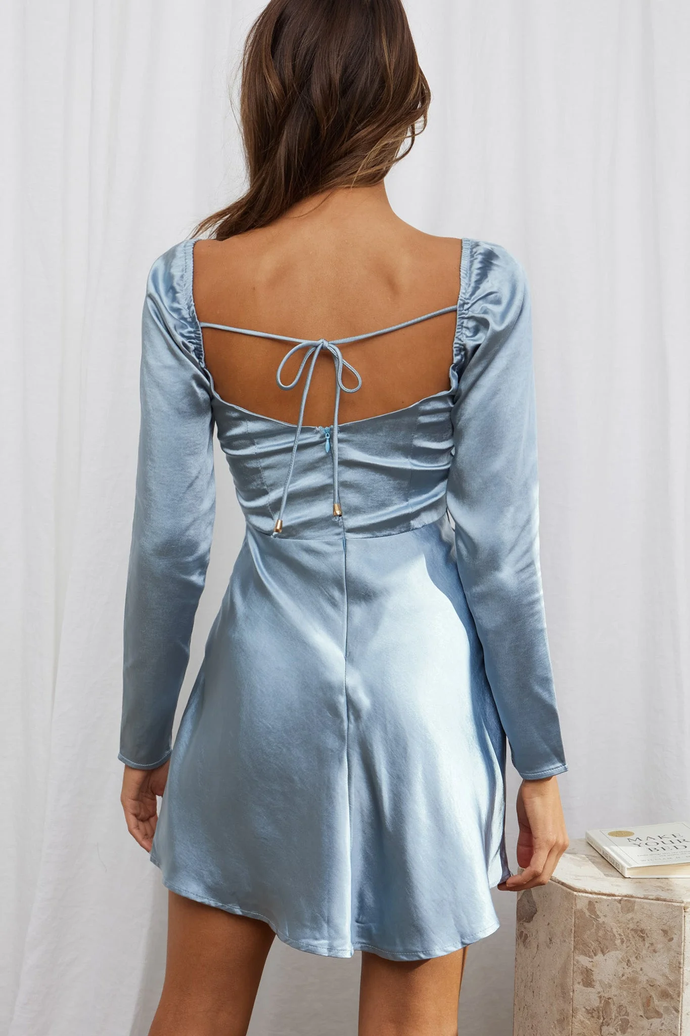 Freja Long Sleeve Cowl Neck Satin Mini Dress Sage - Image 2
