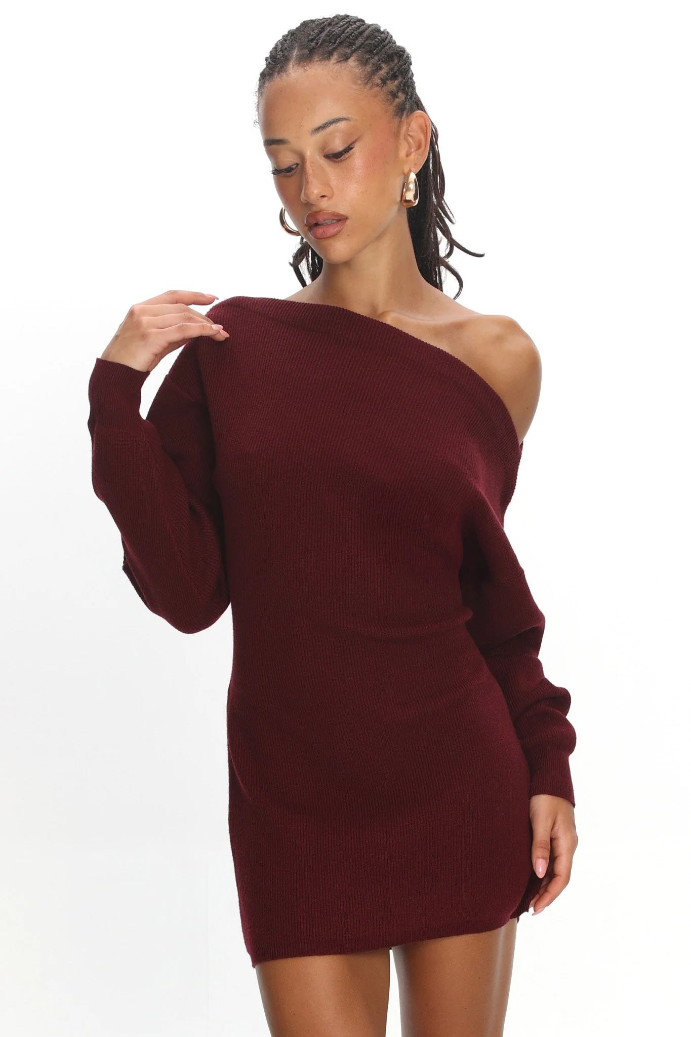 Fremont One-Shoulder Fuzzy Knit Mini Dress Wine