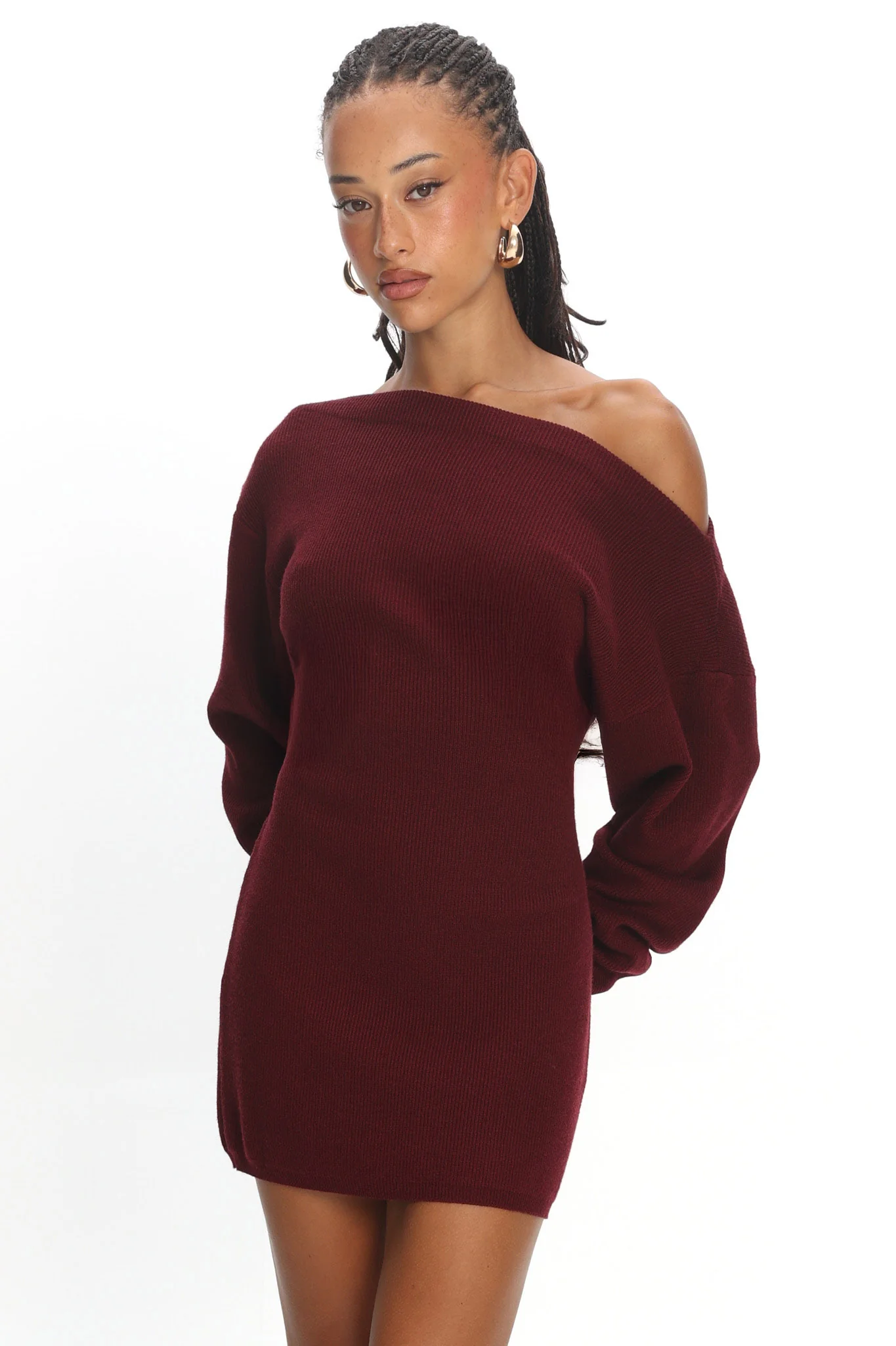 Fremont One-Shoulder Fuzzy Knit Mini Dress Wine - Image 5